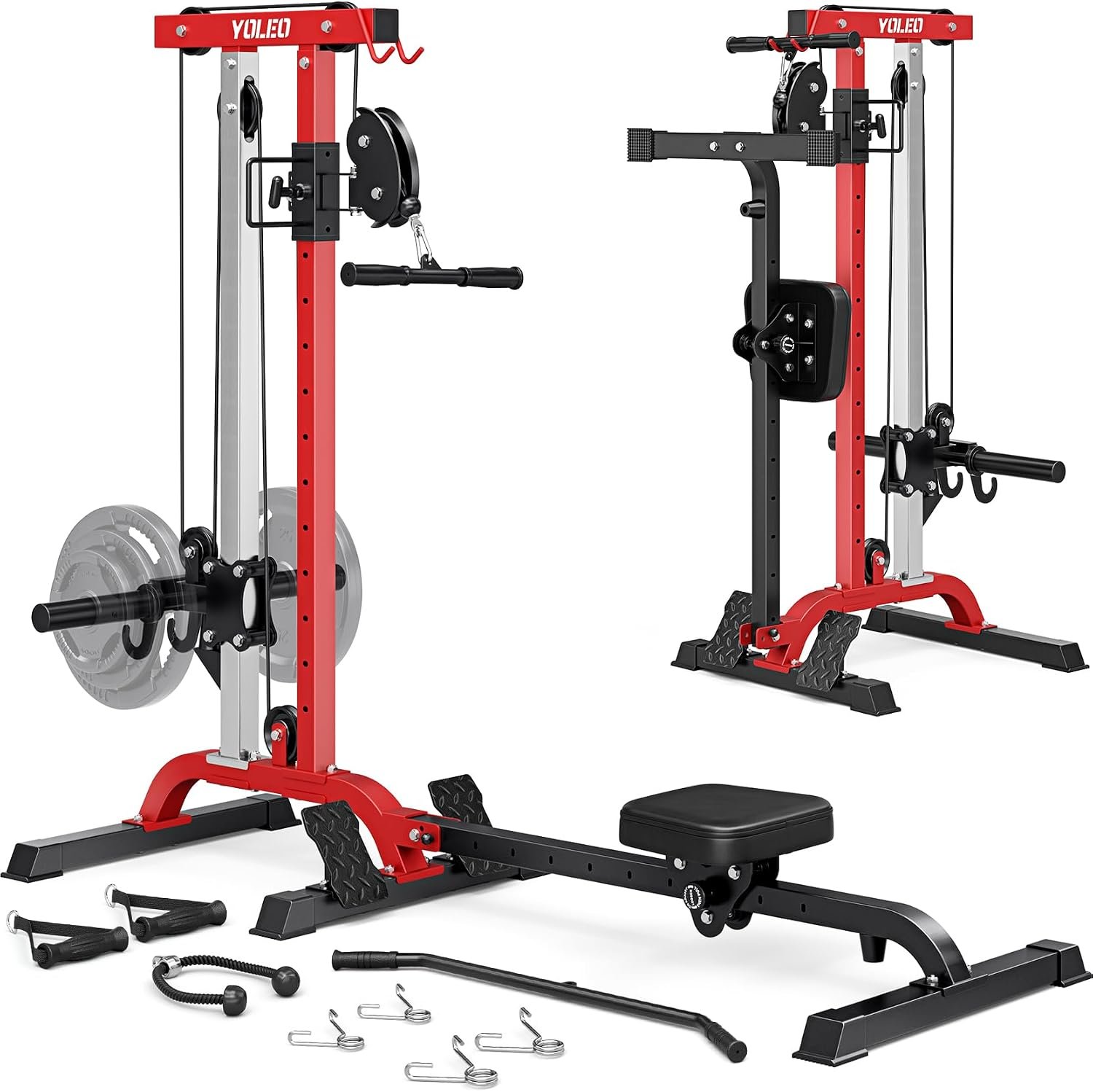 YOLEO 2-in-1 Adjustable Rowing Cable Machine & LAT Pulldown Station for Home Gym, Foldable Space Saver with 6 Attachments, Supports 450 Lbs Weight Plates
