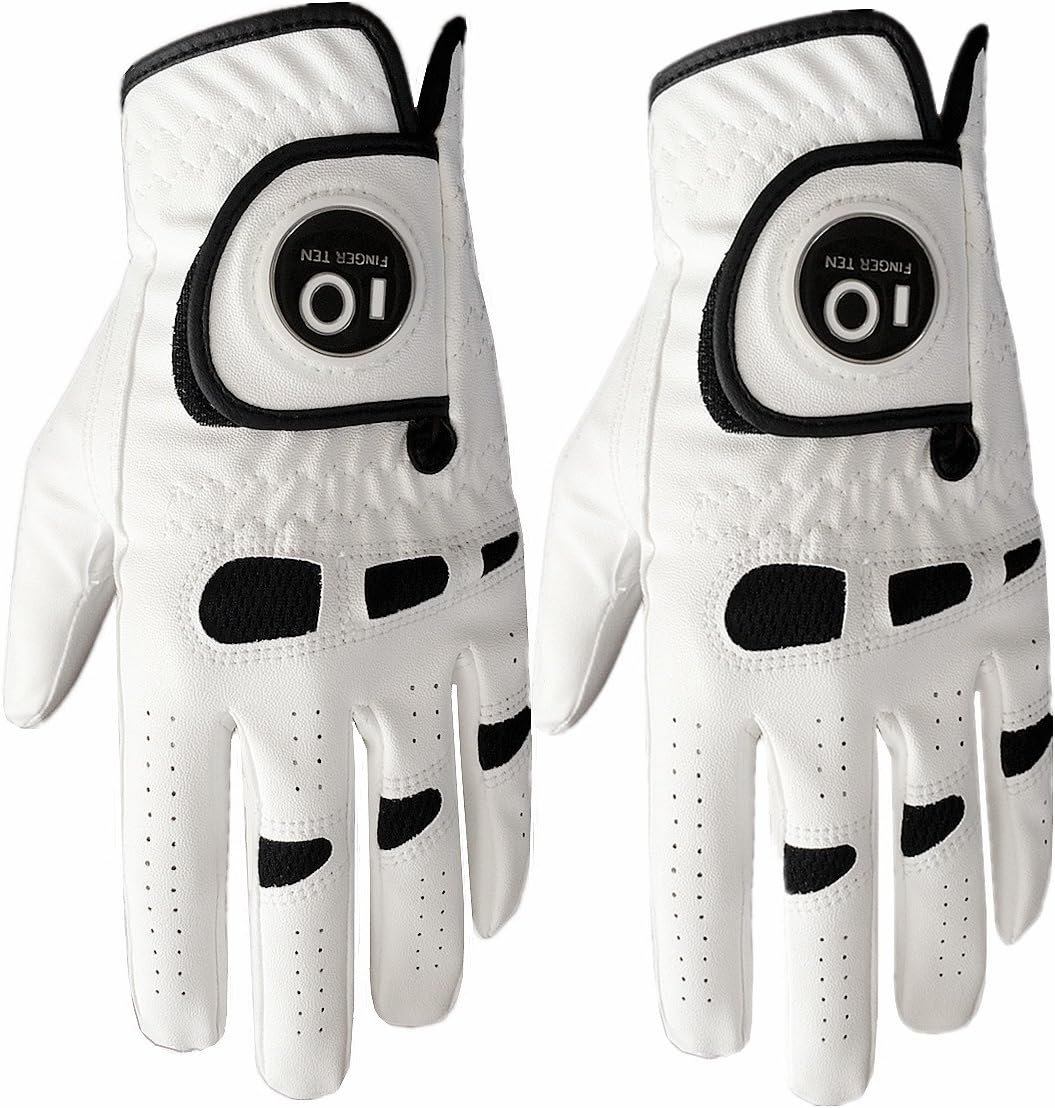FINGER TEN Golf Gloves Men with Ball Marker 2 Pack | Left or Right Hand Glove, All Weather Grip Control, Soft Breathable Comfort, Leather Thumb Durable Flexible Design