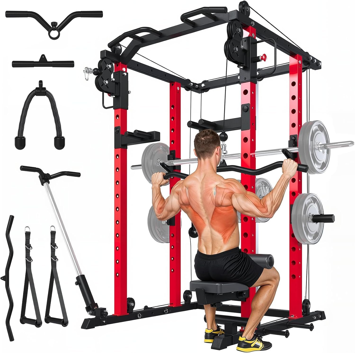Power Rack and Smith Machine, Multi-Functional Power Cage with LAT Pulldown | All-in-One Squat Rack with Cable Pulley System, 2000LBS Weight Rack with Training Attachments for Home Gym