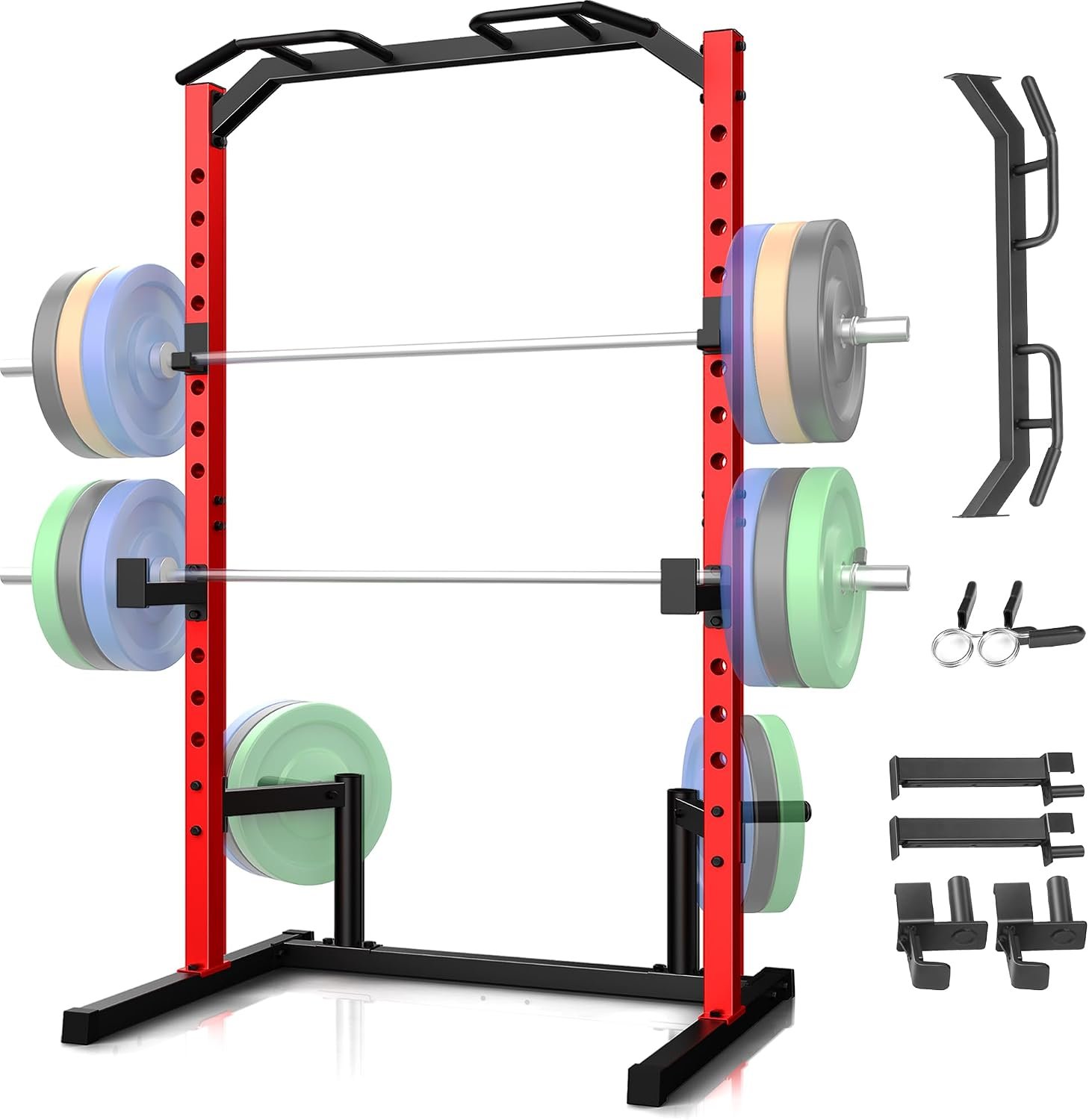 OPPSDECOR Squat Rack, Multi-Function Power Cage Rack with Adjustable Weight Bench, Squat Rack with Pull-up Bar, J-Hooks, More Training Attachment for Home Gym