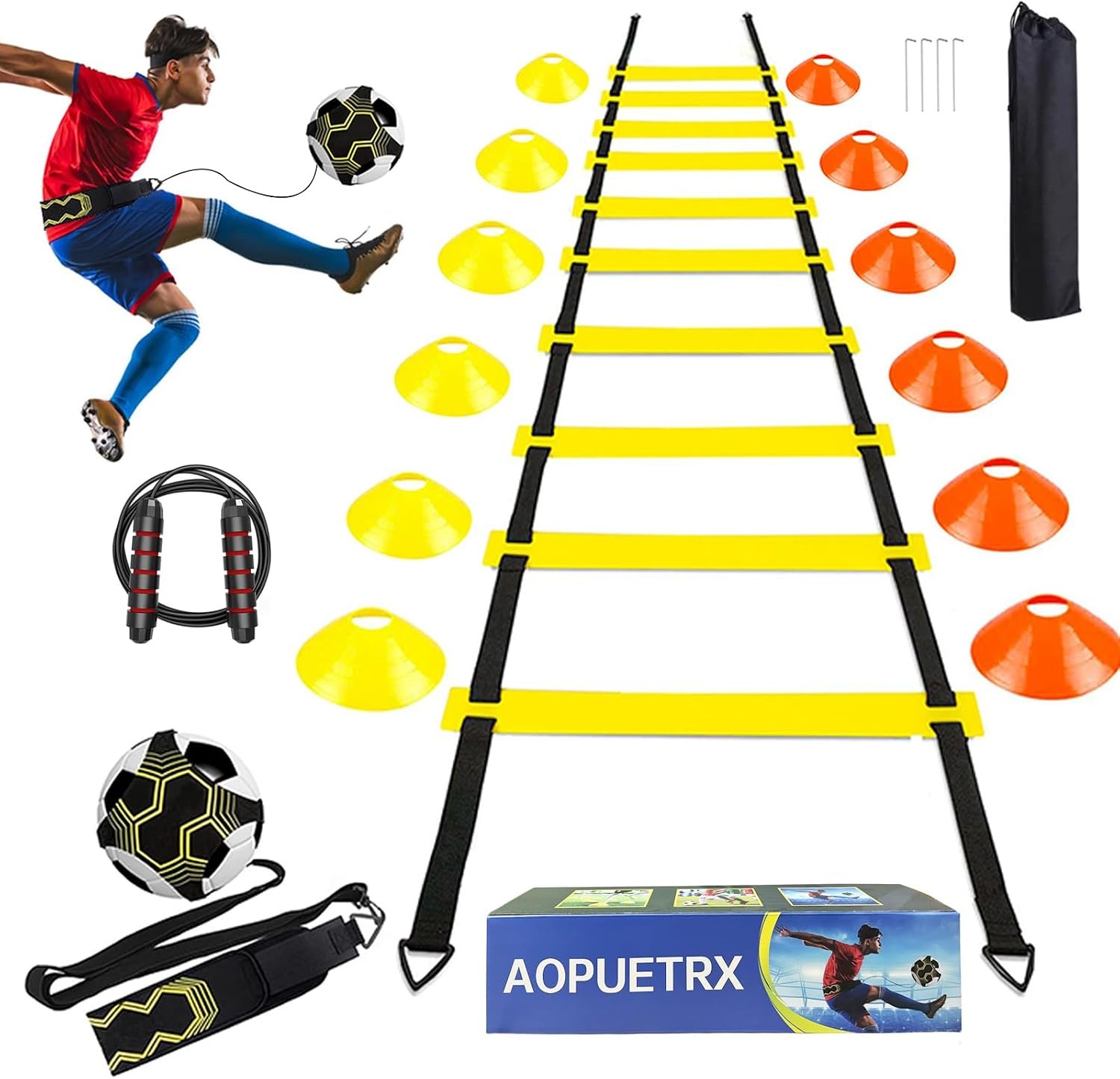 Agility Ladder Soccer Training Equipment Kit, 20ft Speed Ladder | Football Gifts for Boys 8-12 with 12 soccer Cones, Solo Trainer, Jump Rope, Suitable for Home Gym and Playground