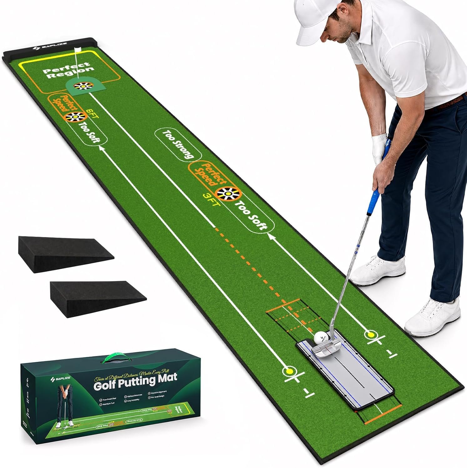 SAPLIZE Golf Putting Mat – Multiple Training Modes, Putting Alignment Mirror & Adjustable Slopes | Indoor/Outdoor Putting Green Practice Mat (Gift Box)