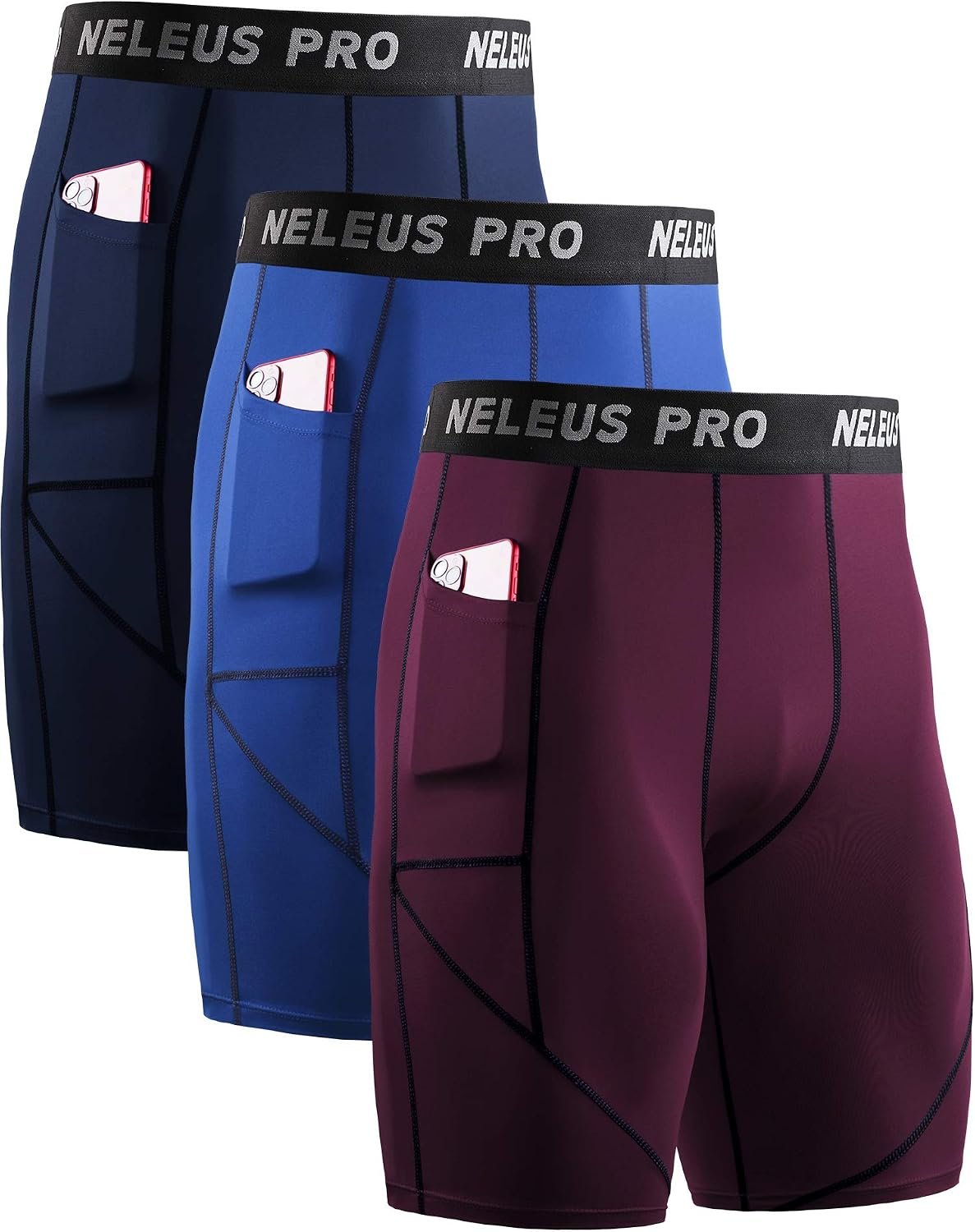 NELEUS Men’s 3 Pack Running Compression Shorts with Pockets