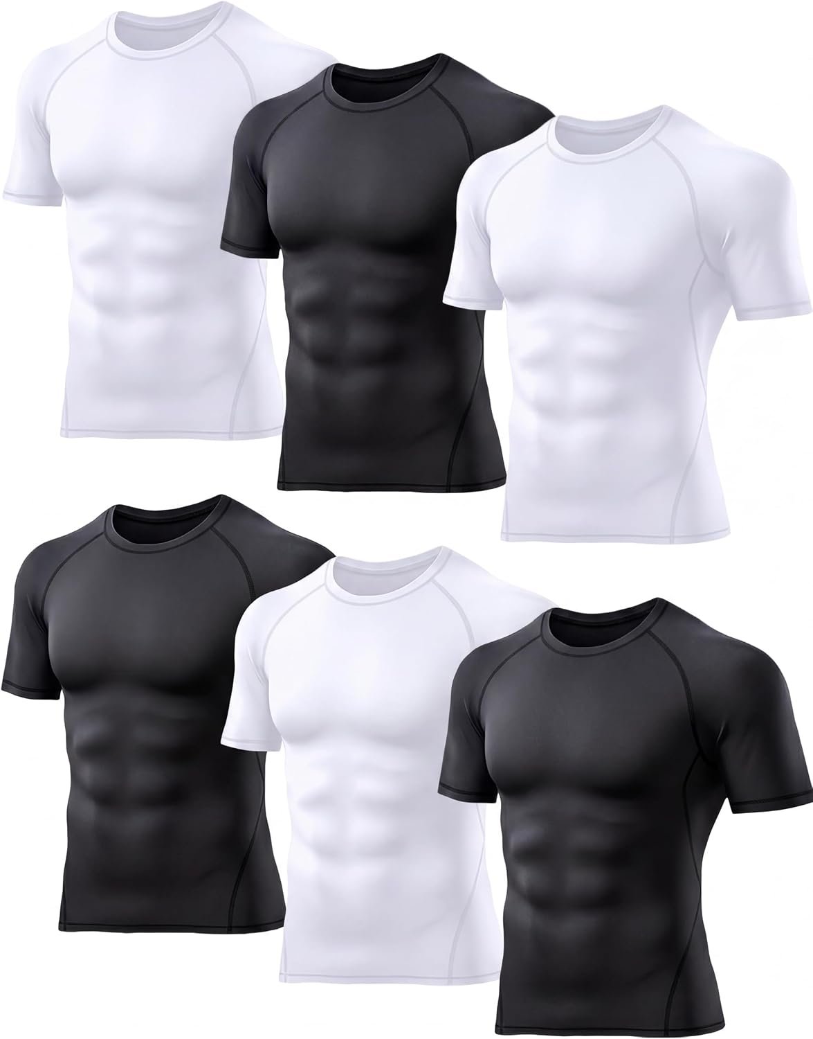 6 Pack Men’s Compression Shirt Short Sleeve Workout T Shirts Baselayer | Moisture wicking, lightweight, tagless, quick dry, 4 way stretch, elastic fabric, workout, fitness, gym, running, basketball