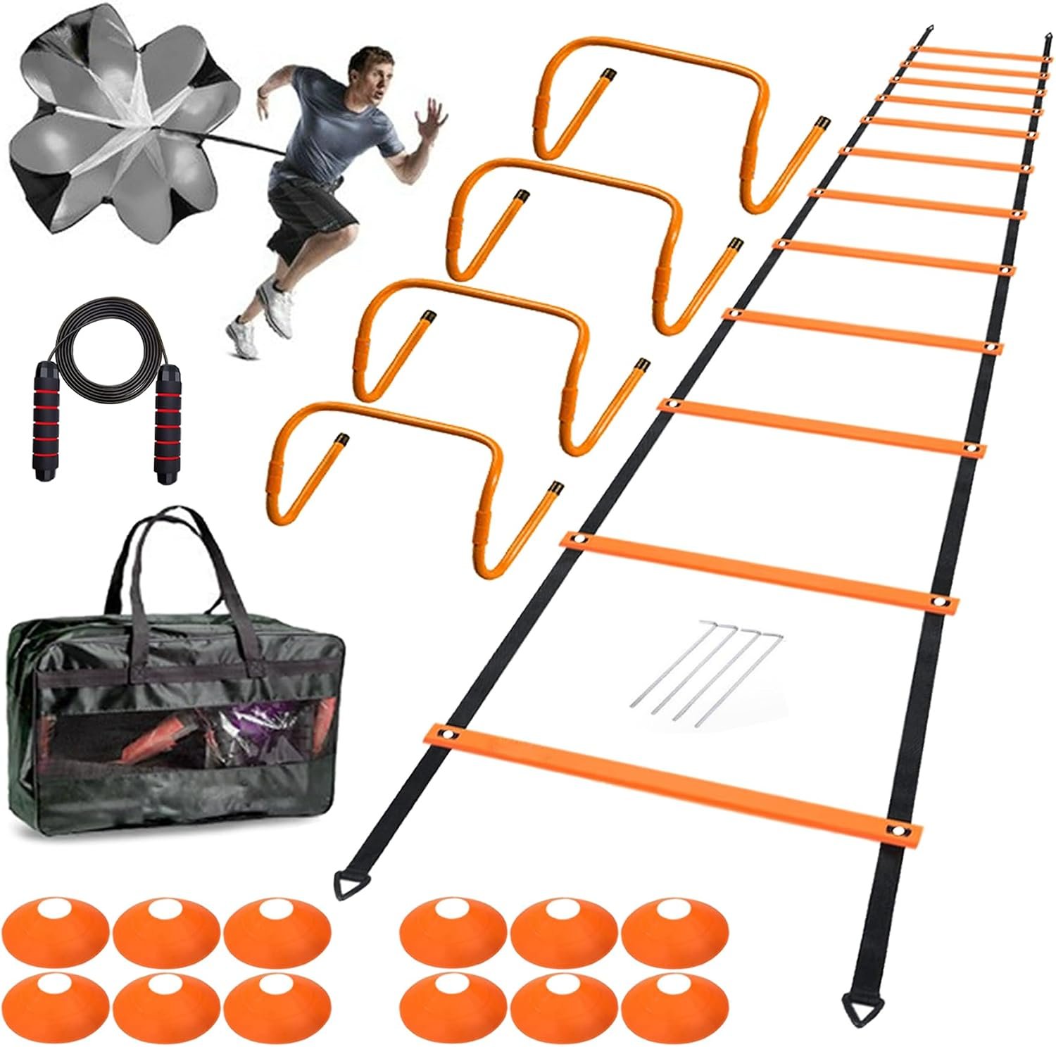 Agility Ladder Set 20ft, 4 Hurdles, 12 Soccer Cones, Jump Rope & Running Parachute – Speed Agility Training Equipment for Soccer Fitness Kids Youth Adults