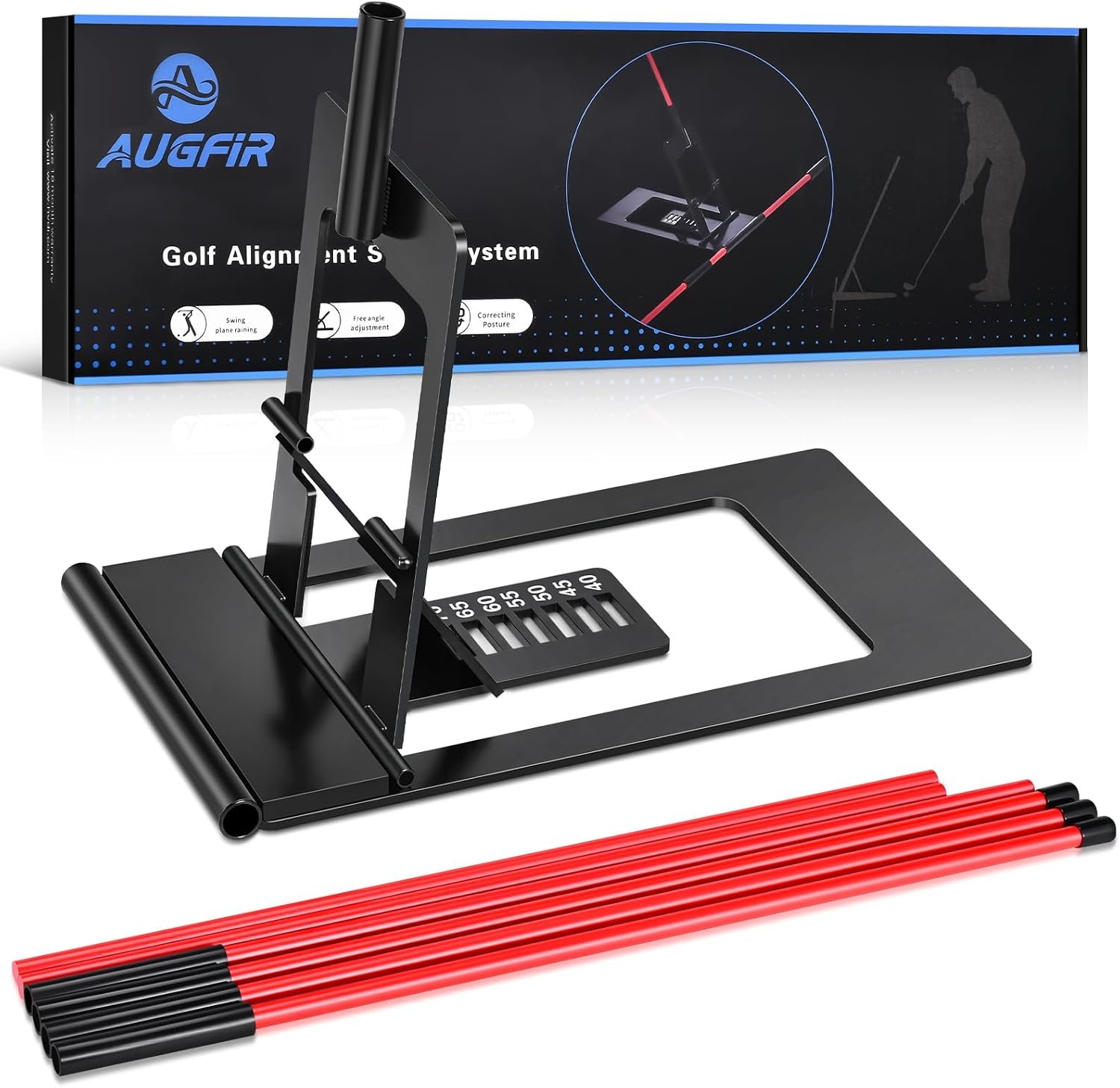 Golf Alignment Sticks Holder, Angle Adjustable Golf Training Aid, Weighted Golf Swing Trainer with Metal Sticks Practice Teaching Aid for Aiming, Putting, Swing