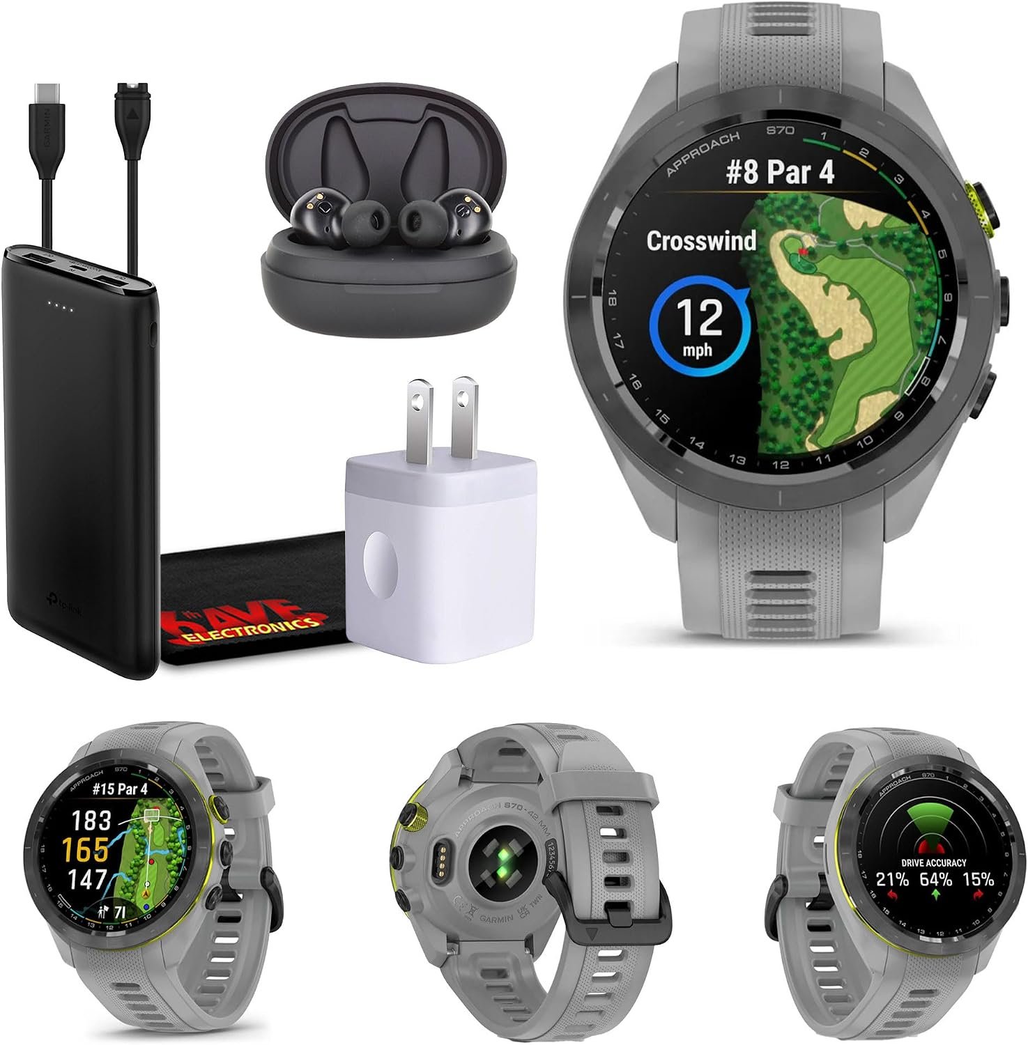 Garmin Approach S70 Golf GPS Watch AMOLED 42mm (Gray) Earbuds Bundle | For Golf, Course Navigation & Training | Lightweight Touchscreen | Fitness Tracking | Includes Wireless Earbuds