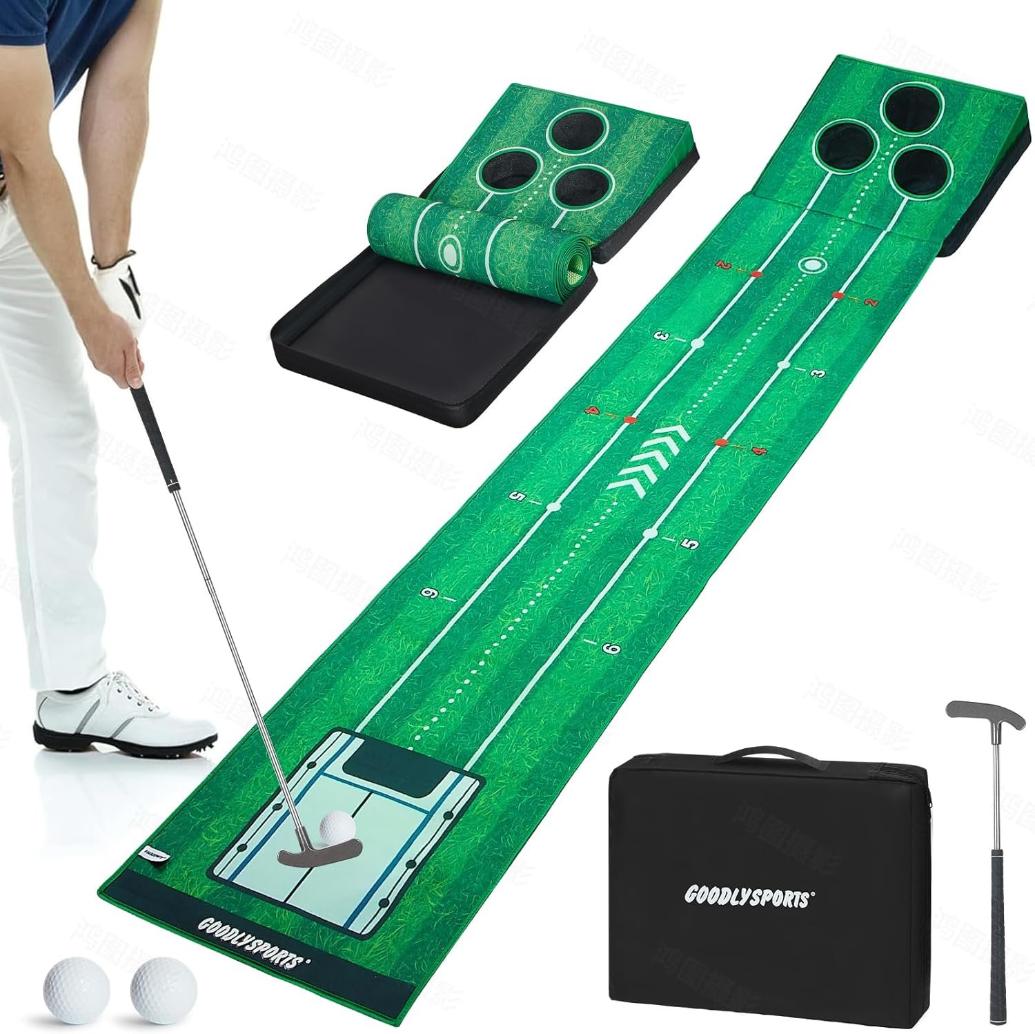 GOODLYSPORTS Golf Putting Mat, Portable Putting Green Indoor/Outdoor | Mini Golf Gifts for Men & Games for Adults Boys，Putting Matt for Indoors & Home Practice with Retractable Putter (Kids)