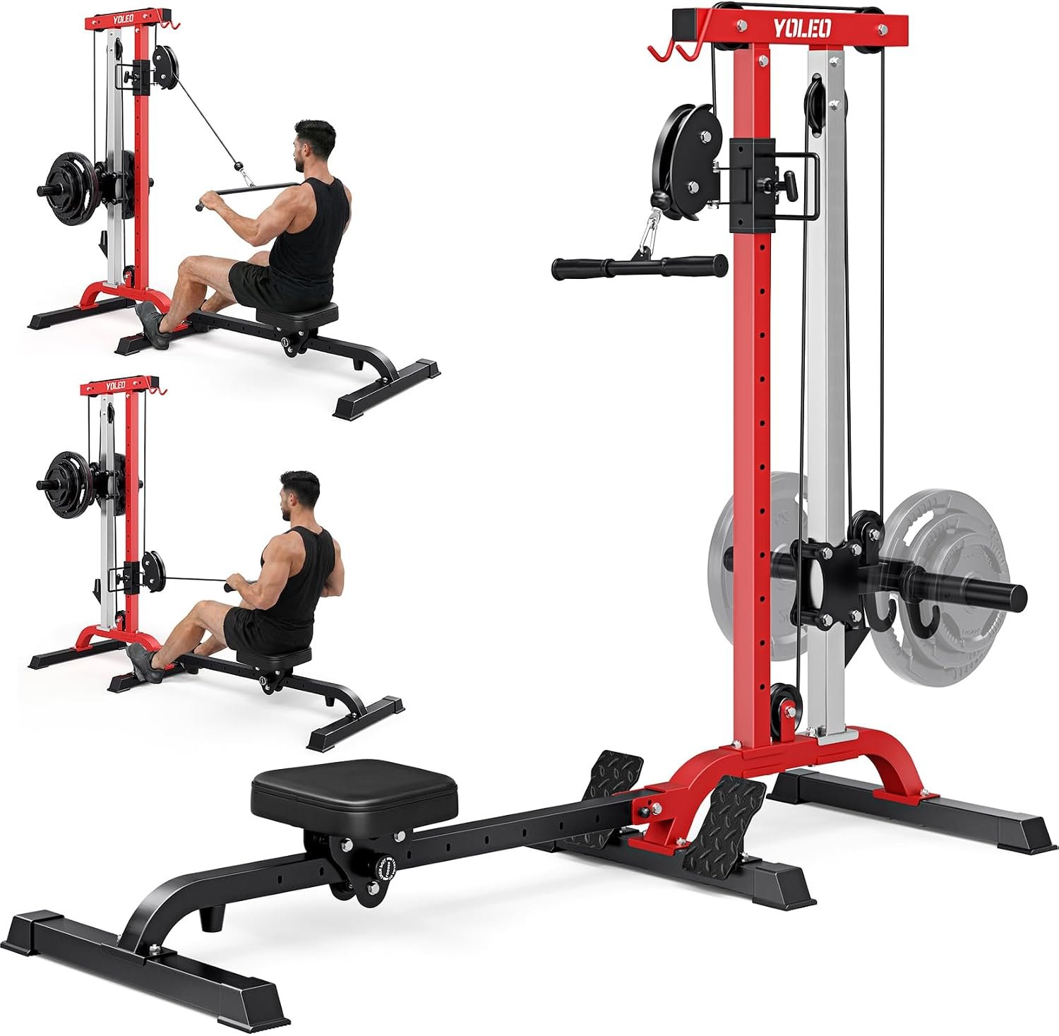 YOLEO Cable Machine Home Gym 2 in 1, Rowing Machine & LAT Pulldown Station, Smooth Pulley System Power Cage with More Training Attachment
