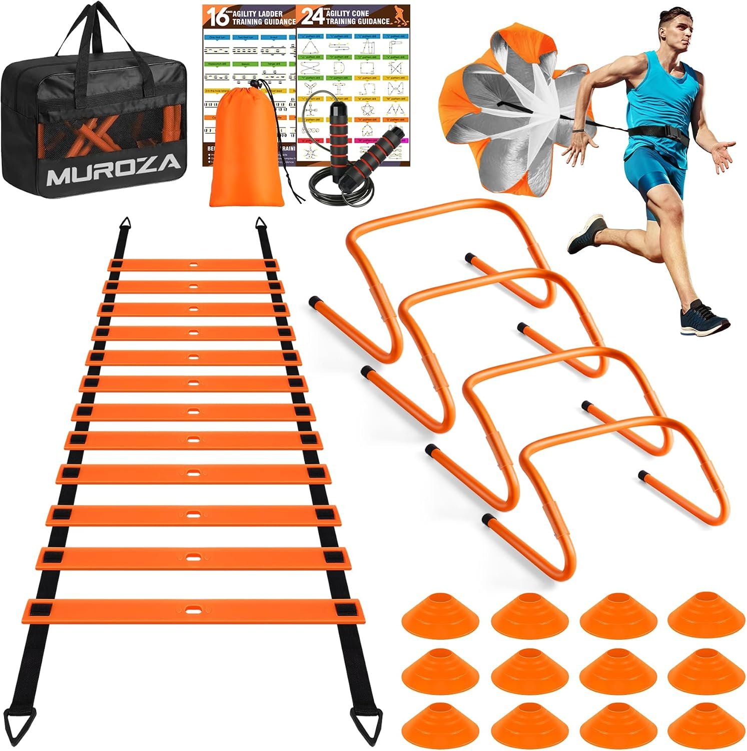 Agility Ladder, Agility Speed Training Equipment Set, 20ft Speed Ladder | 4 Hurdles, 12 Soccer Cones, Jump Rope, Running Parachute, Soccer Football Basketball Training Equipment Accessories