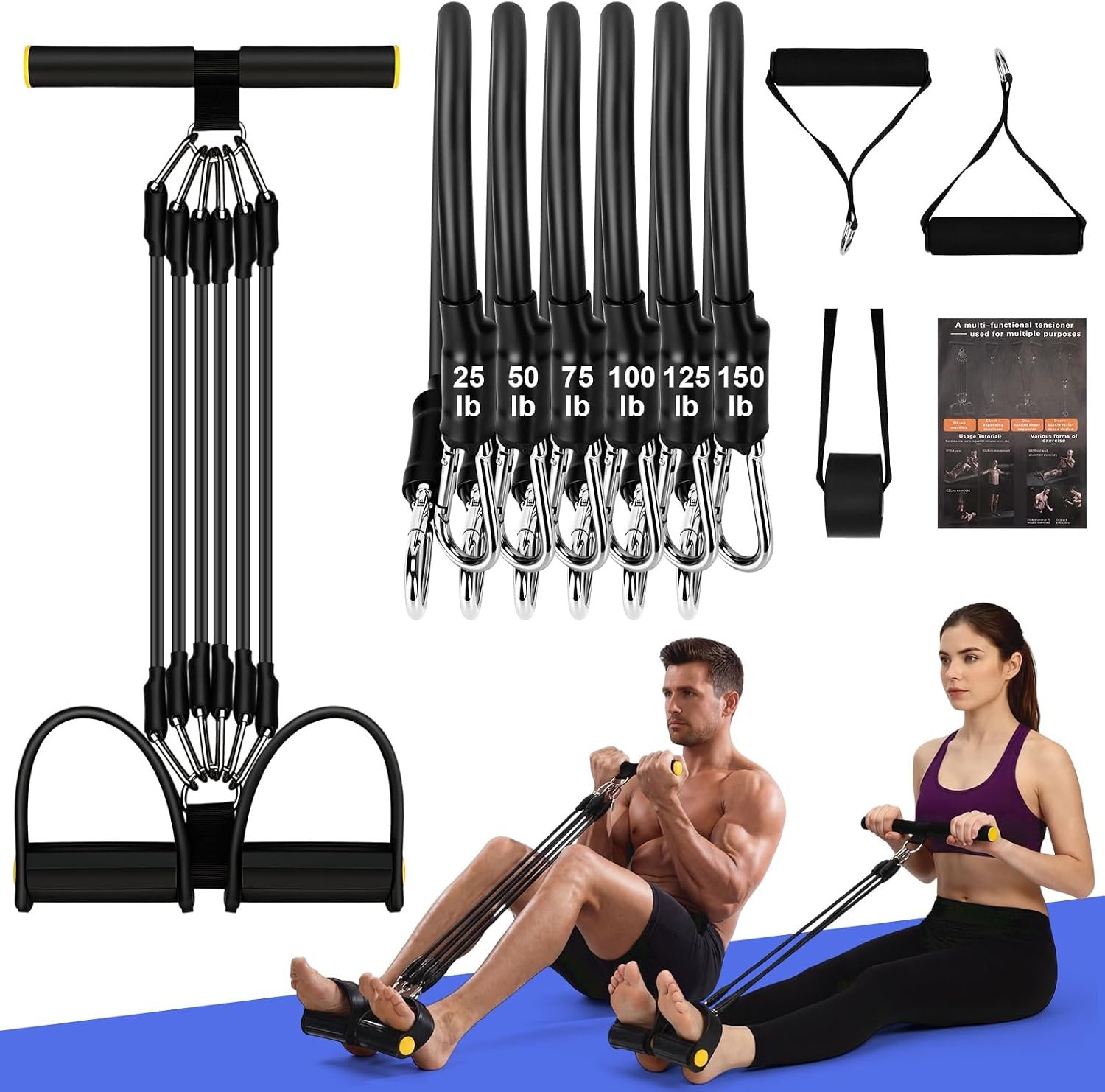 Arrowbash Upgrade 6 Tubes Foot Pedal Resistance Band Adjustable Pedal Puller Resistance Band with Handle Multifunction Fitness Bands for Men Women Abdomen Arm Leg Stretching