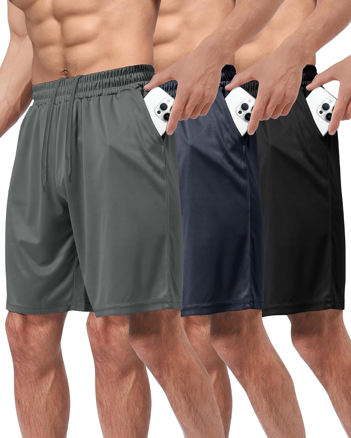 BOOJO 3 Pack Gym Basketball Mens Shorts – Quick Dry Black Workout Athletic Shorts with Pockets for Casual Running(S-6XL)