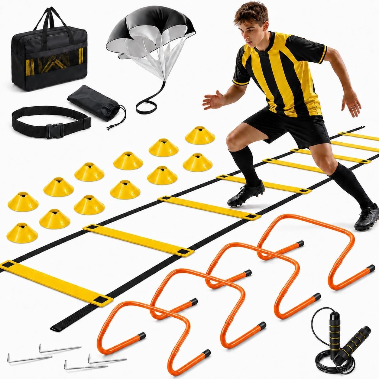 Simple Deluxe Agility Ladder Soccer Training Equipment Set, 20ft Speed Ladder 4 Adjustable Hurdles, Speed Resistance Parachute, 12 Soccer Cones, Jump Rope & Ground Stakes (Yellow-Nylon)