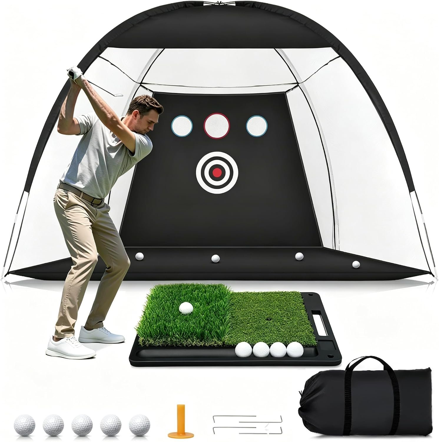 Golf Net: 10x7FT Practice Net with Mat – for Chipping, Swing & Driving Practice –Golf Nets for Backyard, Indoor & Outdoor Use – Ideal Gifts for Men, Women, Dad, Husband, Golfers