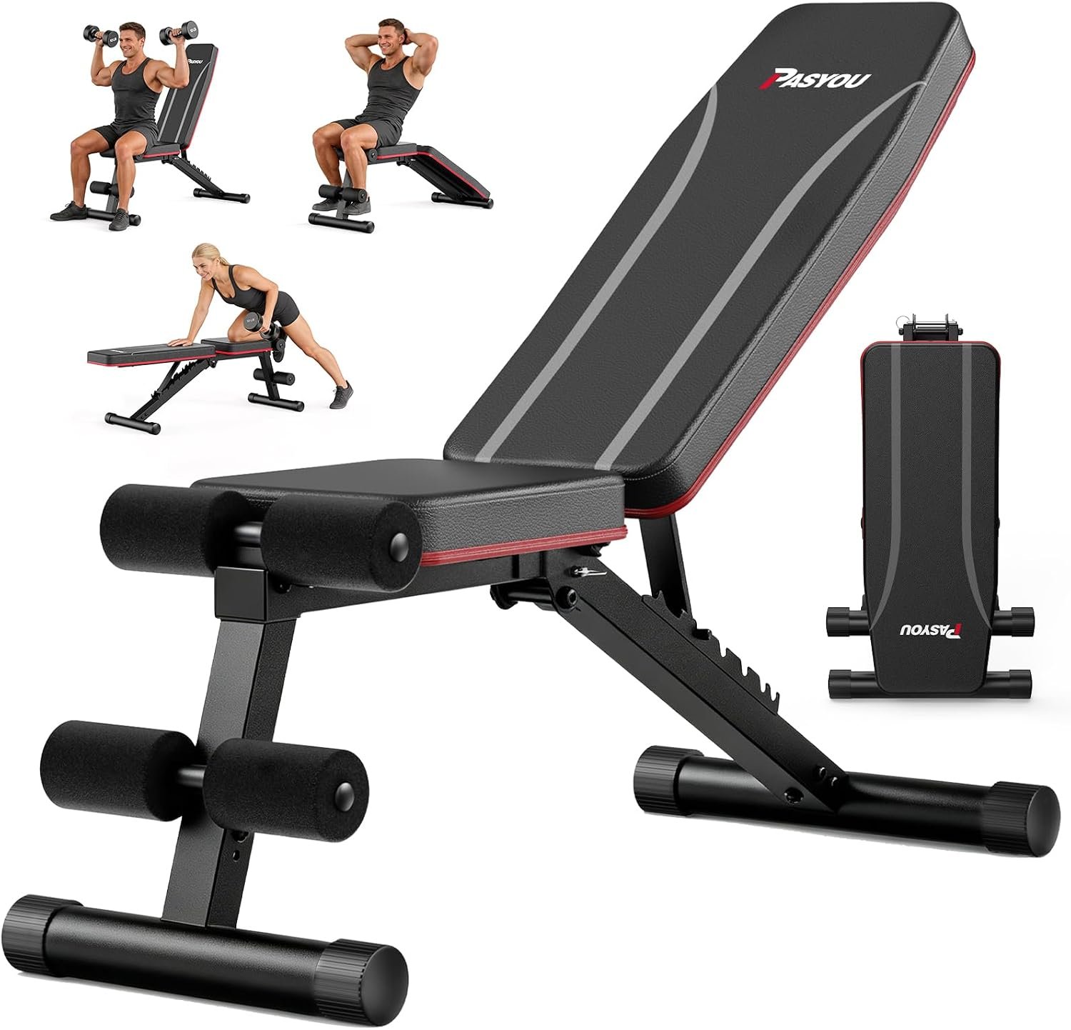 PASYOU Adjustable Weight Bench, Foldable, Incline Decline Flat, Bench Press with 660LBS, 95% Pre-Assembled, Compact Workout Bench Full Body Strength Training Bench for Home Gym, Wider Seat