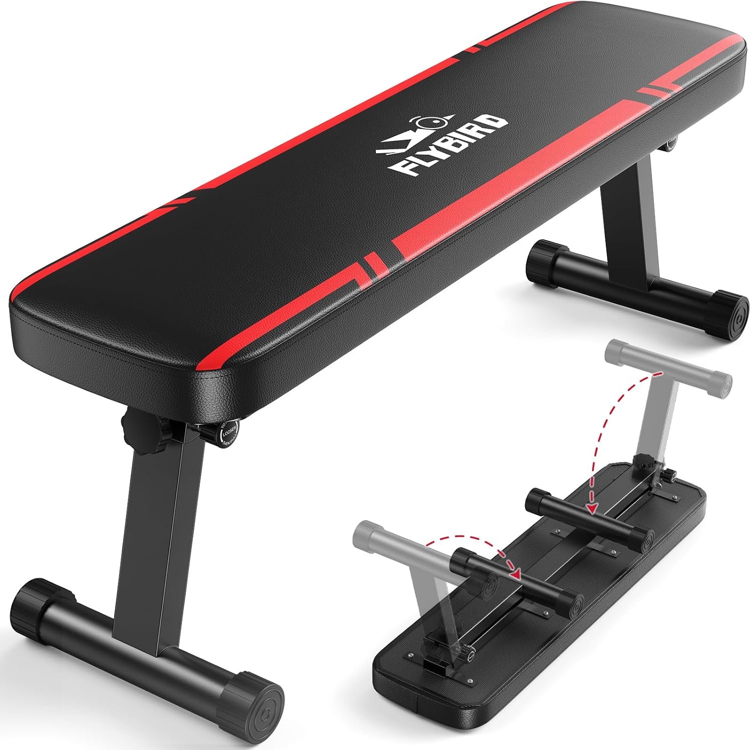 FLYBIRD Foldable Flat Weight Bench for Home Gym, 600/1000 lbs Capacity with Dual Locking for Strength Training, Easy Setup & Storage for Small Apartments, Lifting, Hip Thrust, Dumbbell Workout (B-Red-01)