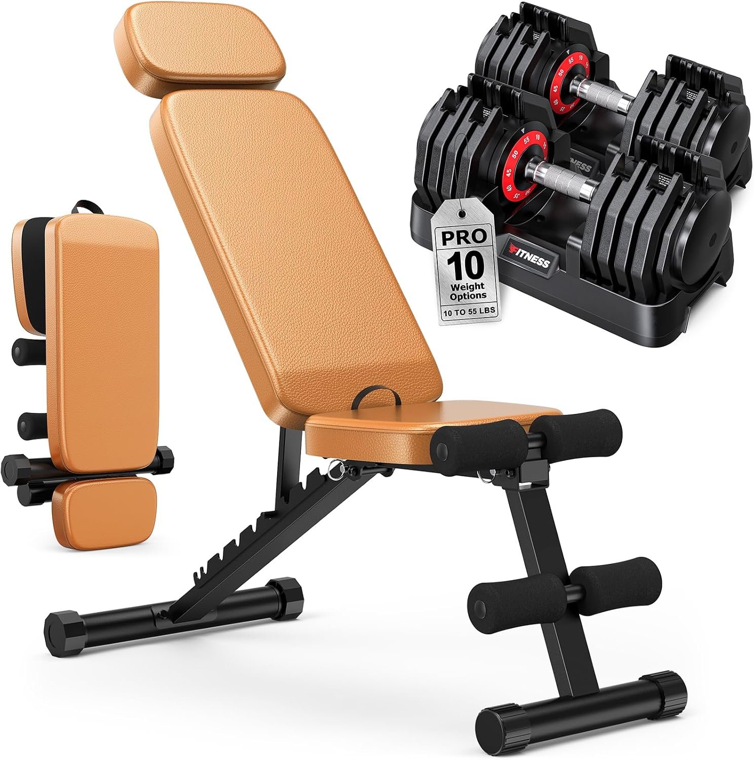Rendpas Adjustable Dumbbell Set with Workout Bench at Home | 25/55/80LB Pair, 1-Second Quick Adjust, Dual-Lock Safety, Space-Saving Tray, 800lb Rated, Foldable Design