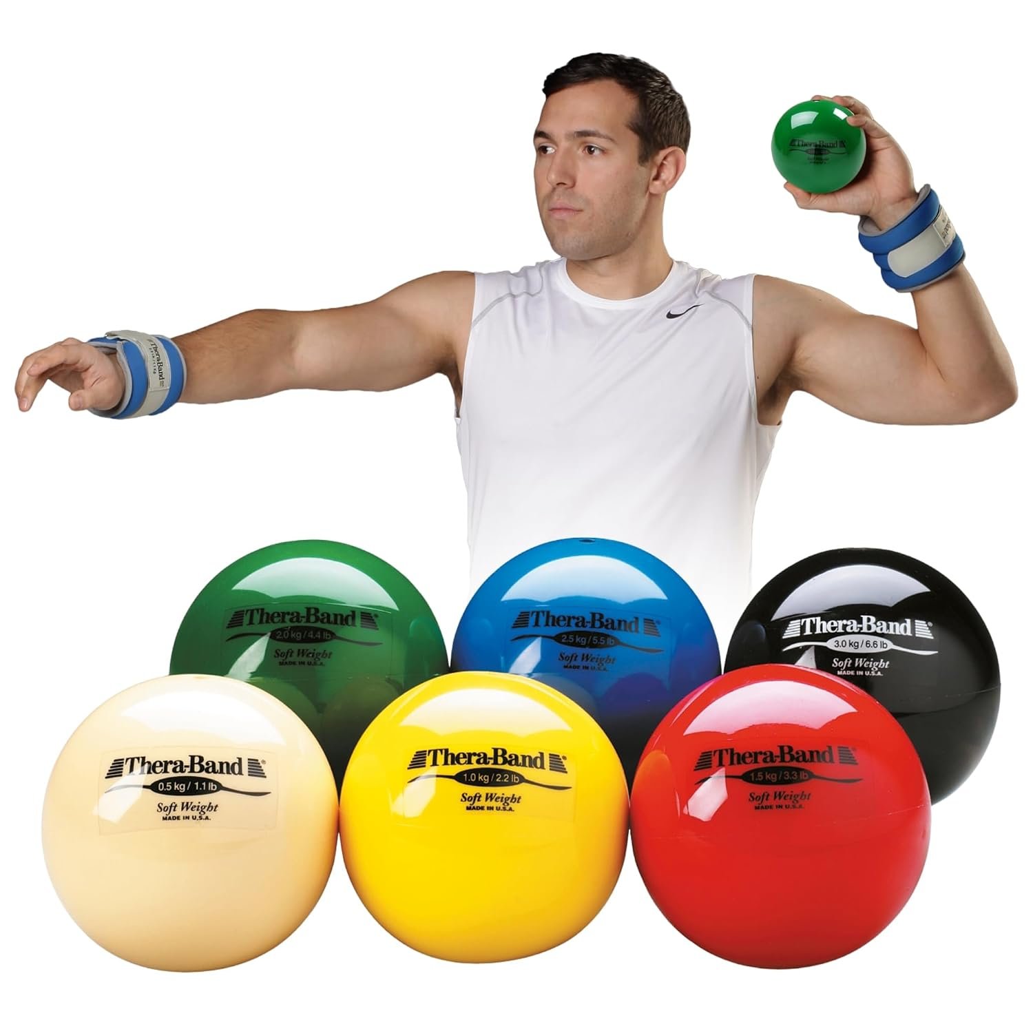THERABAND Soft Weight Set of 6, Medicine Ball, Weighted Exercise, 4.5″ | Ball-shaped isotonic soft weight for physical therapy, Pilates, shoulder strength and rehab exercise