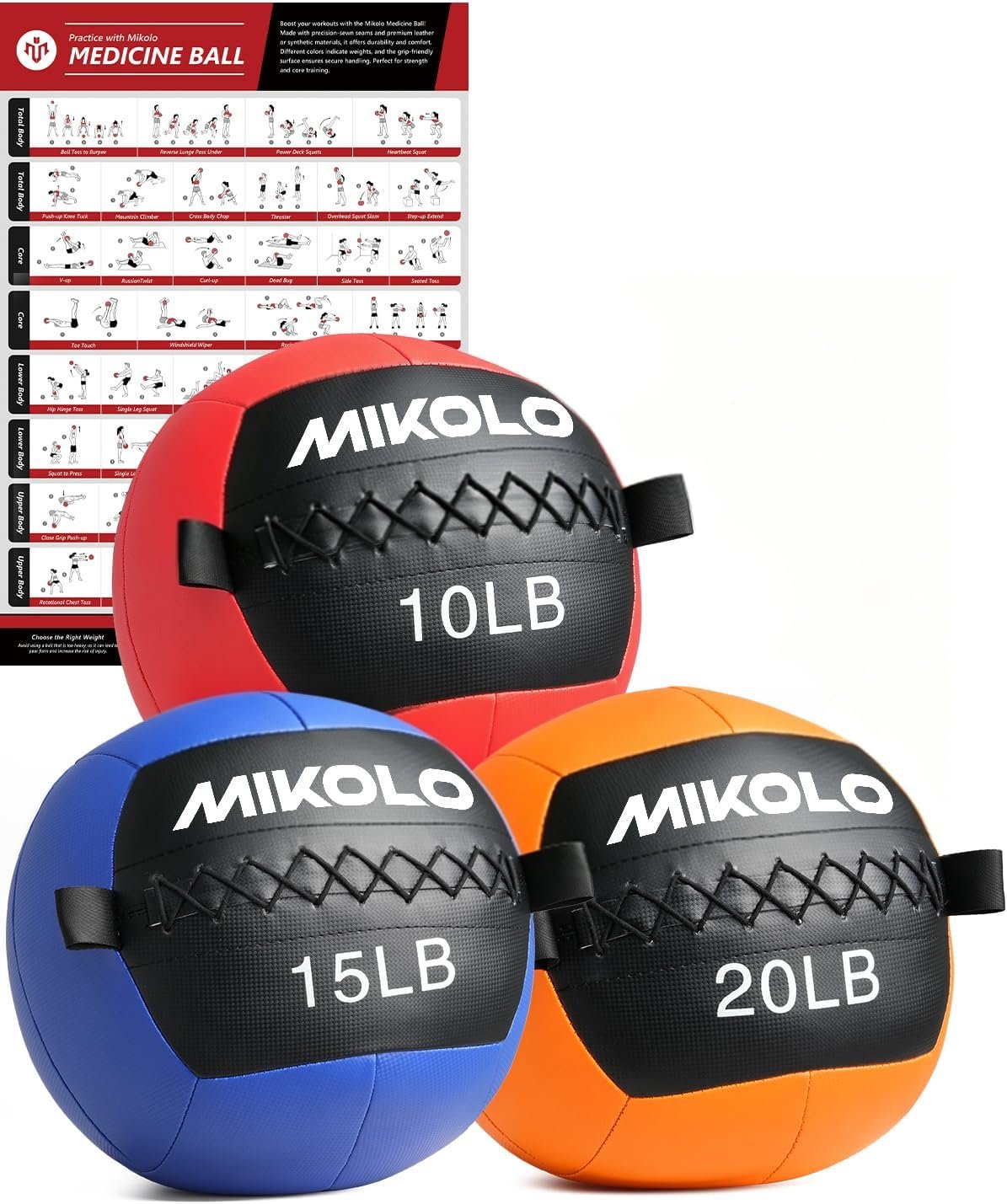 Mikolo Medicine Ball, Wall Ball,Soft Medicine Ball Set,Slam Ball for Core Training, Strength Workouts -Multi-Weight 10lbs 20lbs Exercise Balls for Home Gym, Functional Fitness (10/15/20/25LB)