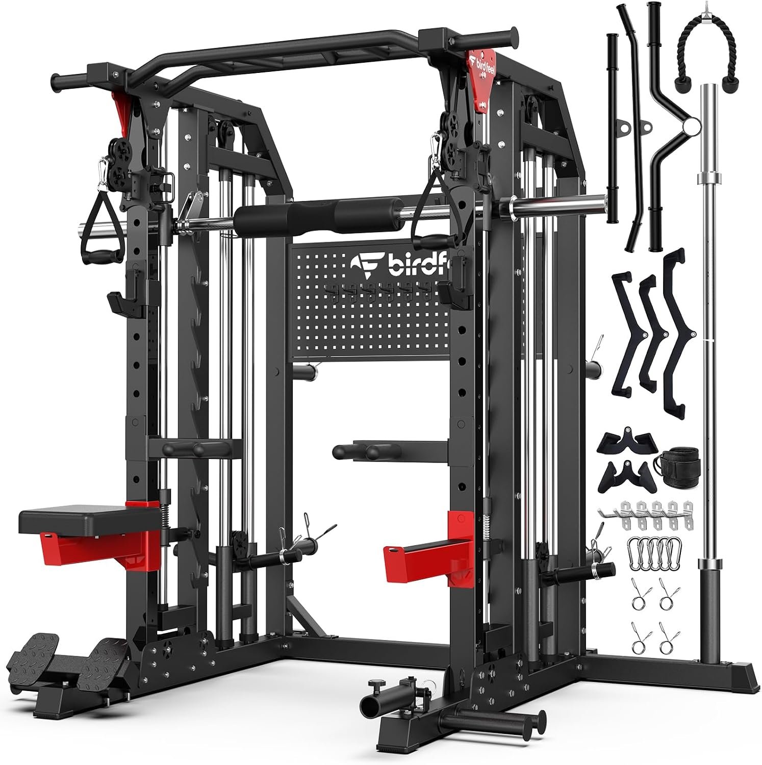 Multi-Function 2000LB Power Cage Smith Machine, Dual Pulley Cable Crossover | Home Gym Squat Rack Featuring LAT Pulldown, Power Rack with Olympic Bar & Strength Training Attachments, Pegboard