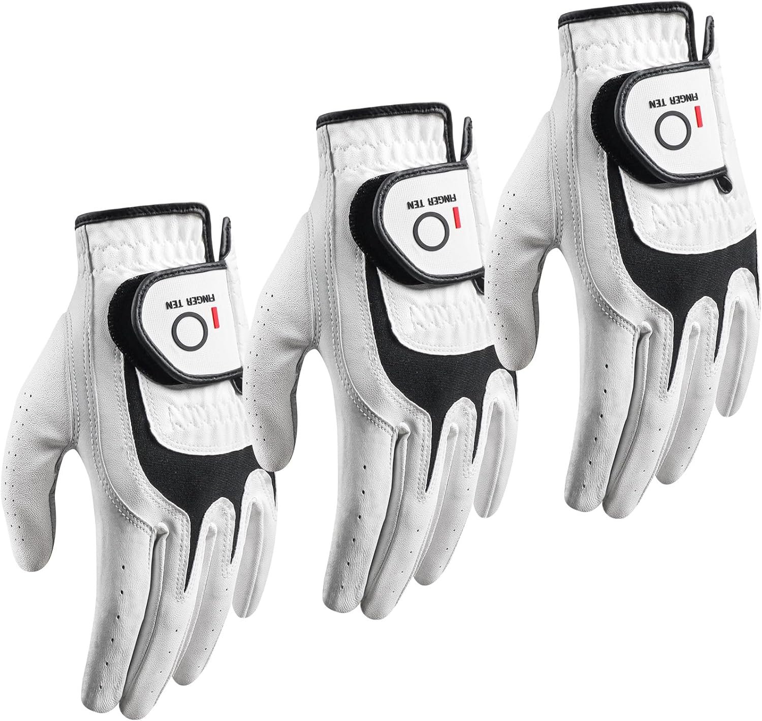 FINGER TEN Premium Golf Gloves Men Cabretta Leather Value 3 Pack for Right Left Handed Golfers, All Weather Grip Comfortable Glove Size S M ML L XL for Left Right Hand