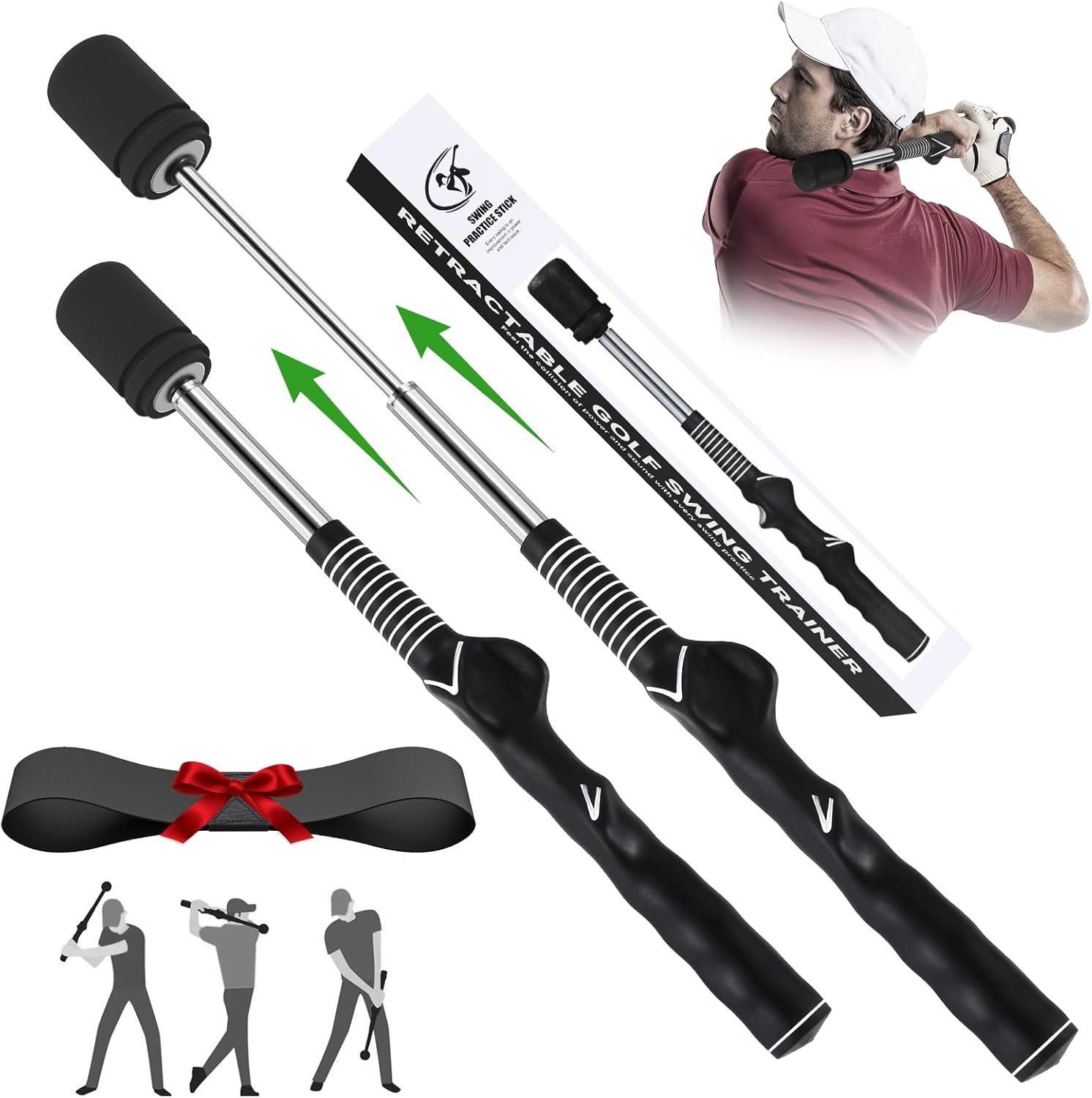 MIKOSI Golf Swing Trainer, Retractable Golf Grip Trainer for Right-Handed | Automatic Retractable, Ergonomic Grip, Swing Correction, With Arm Band, Warm-up, Golf Club for Indoor & Outdoor Use