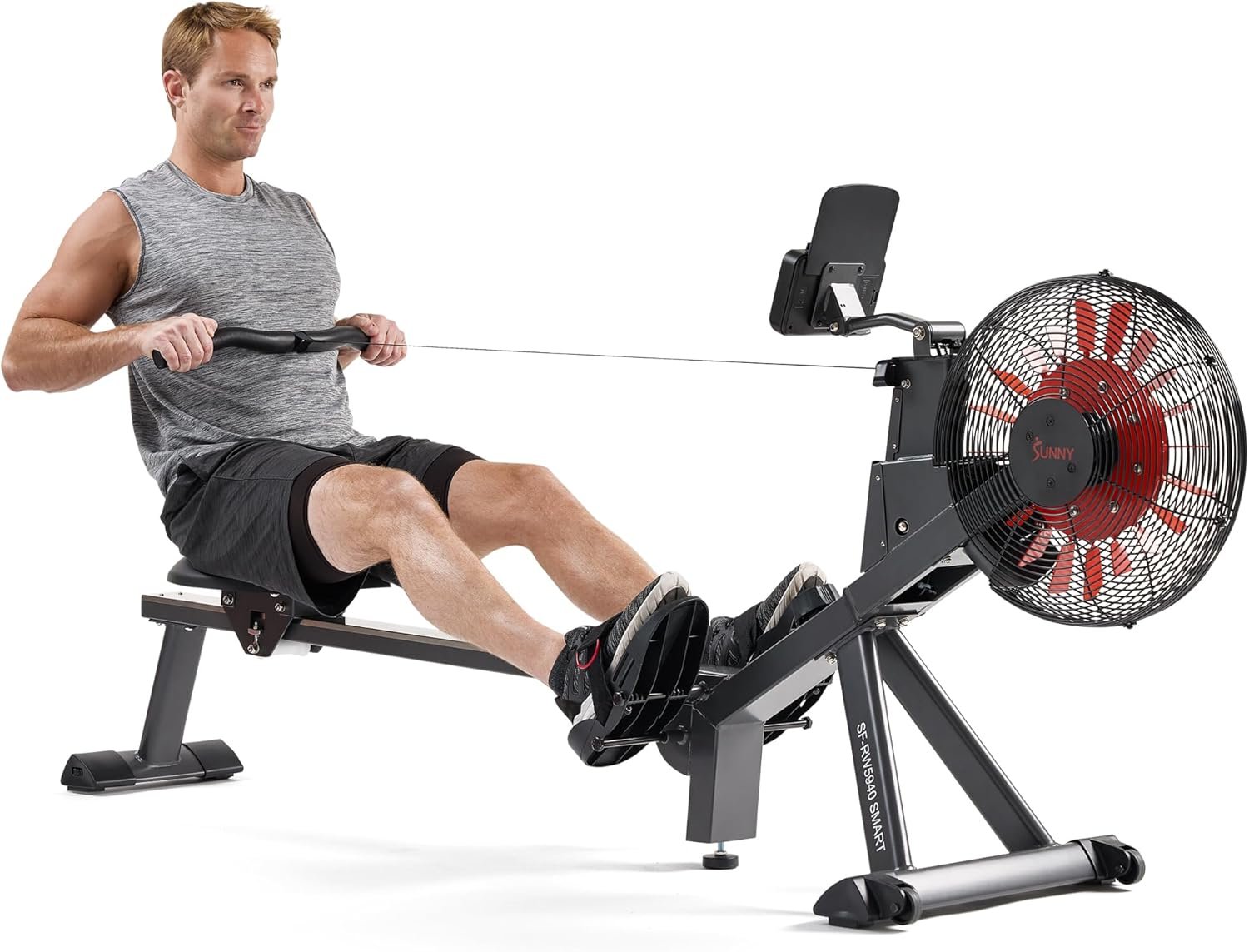 Sunny Health & Fitness Air Rowing Machine, Space-Saving Rower with Long Rail and Upright Storage for Home Gym, Full-Body Cardio Workout, Free SunnyFit Training App