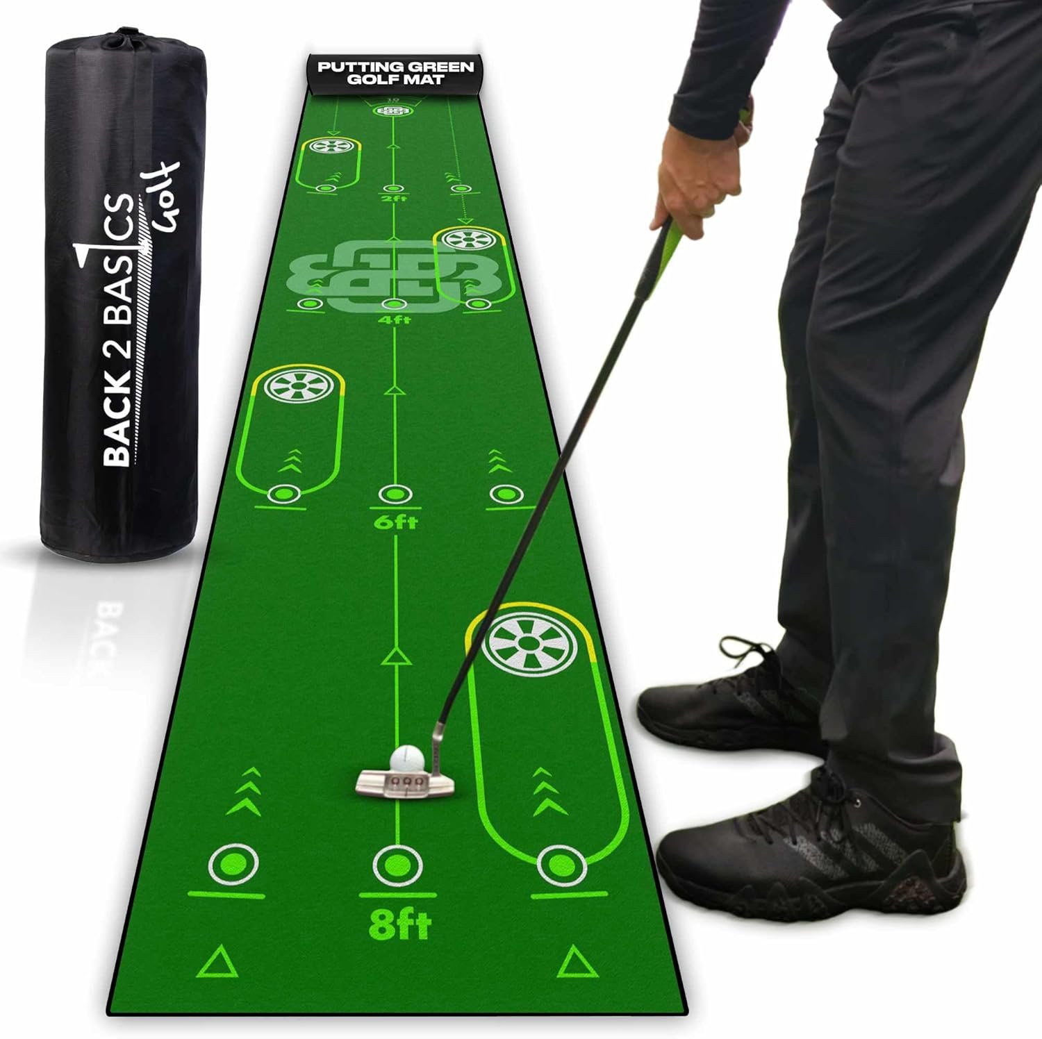 BACK 2 BASICS Golf Portable Putting Green Indoor Golf Putting Mat 10ft, Alignment Aid Trainer for Practice Indoor and Outdoor, Home or Office Compact Roll Target Gate Precision Control Tool