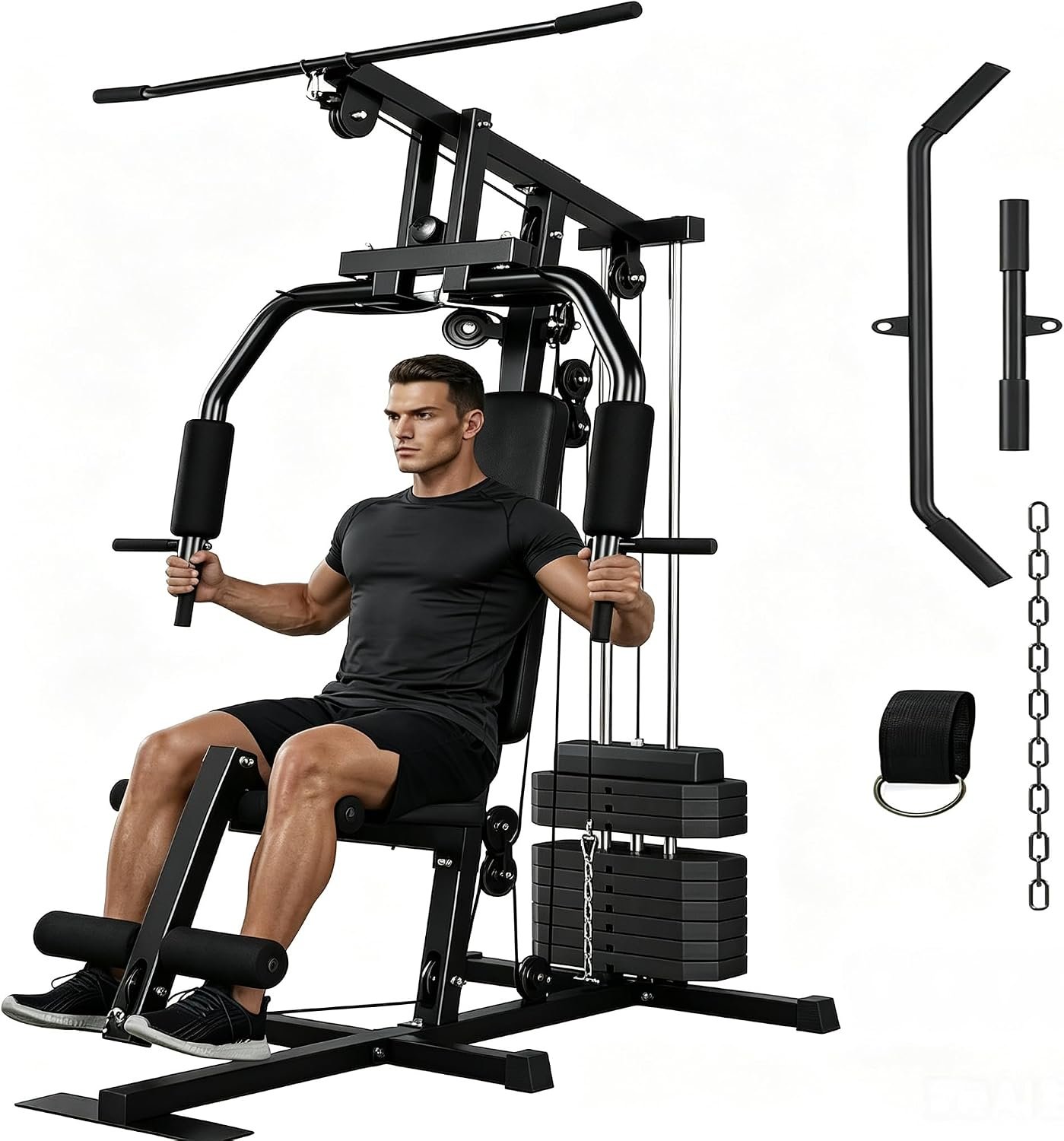 Home Gym Equipment, Multifunctional Workout Station with 100LBS Weight Stack, Home Gym Machine for Full Body Traning with LAT Pulldown System