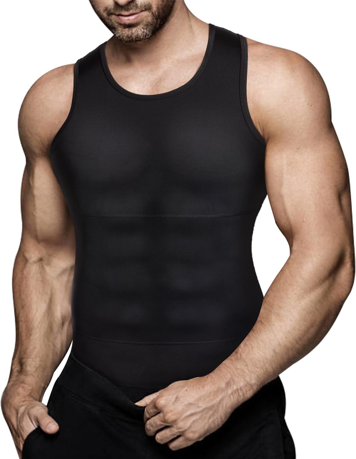 Mens Compression Shirt Slimming Body Shaper Vest Workout Tank Tops Abdomen | Abs Undershirts Gynecomastia Support, Belly Control, Back Support, Posture Fix, Breathable, No Roll, Invisible Layer