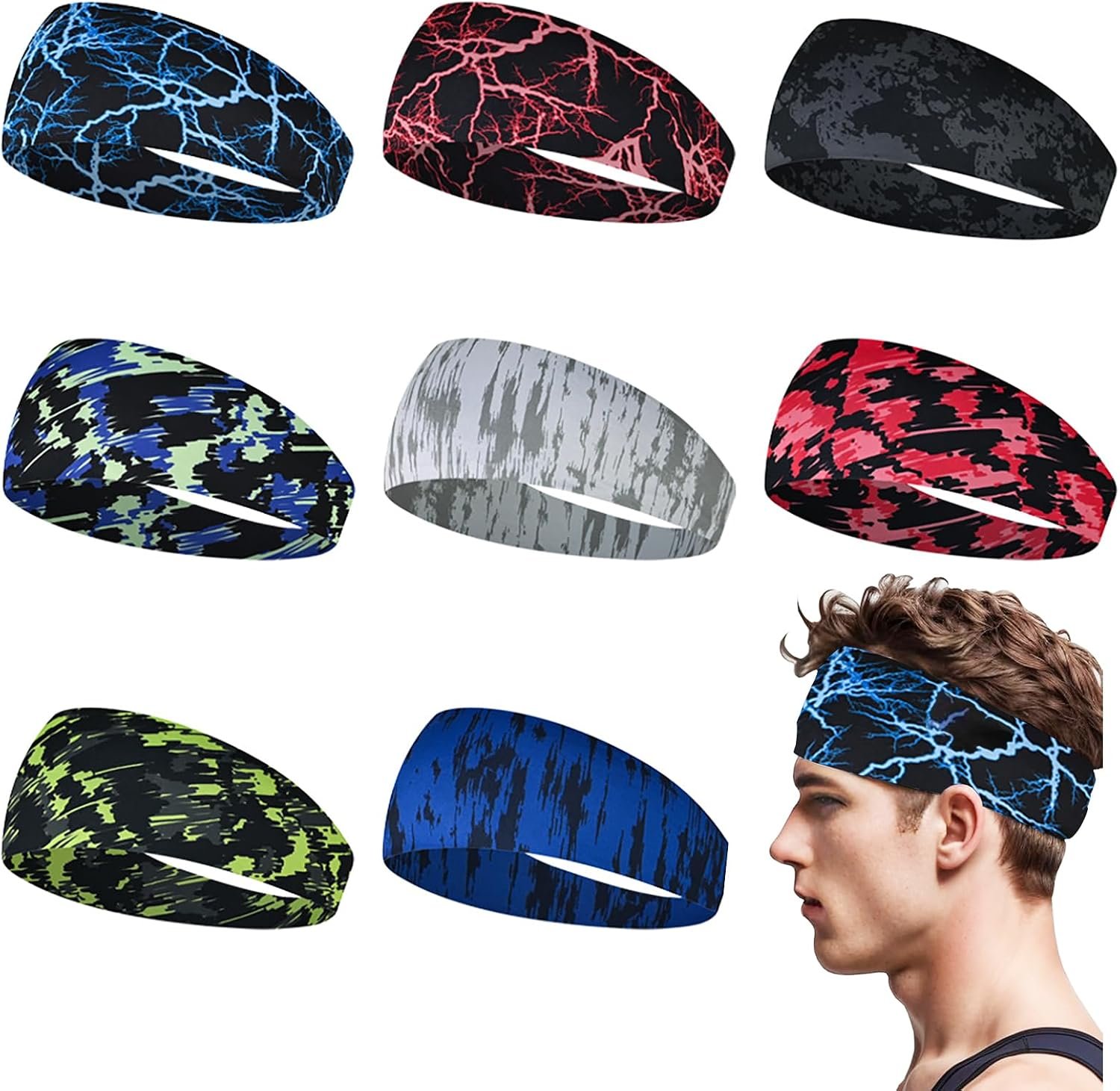 Sports Headband for Men 9 Pack Sweat Headbands for Men Running Workout Headbands Wide Sweatband Mens Stretchy Headband for Running Cycling Football Basketball Yoga