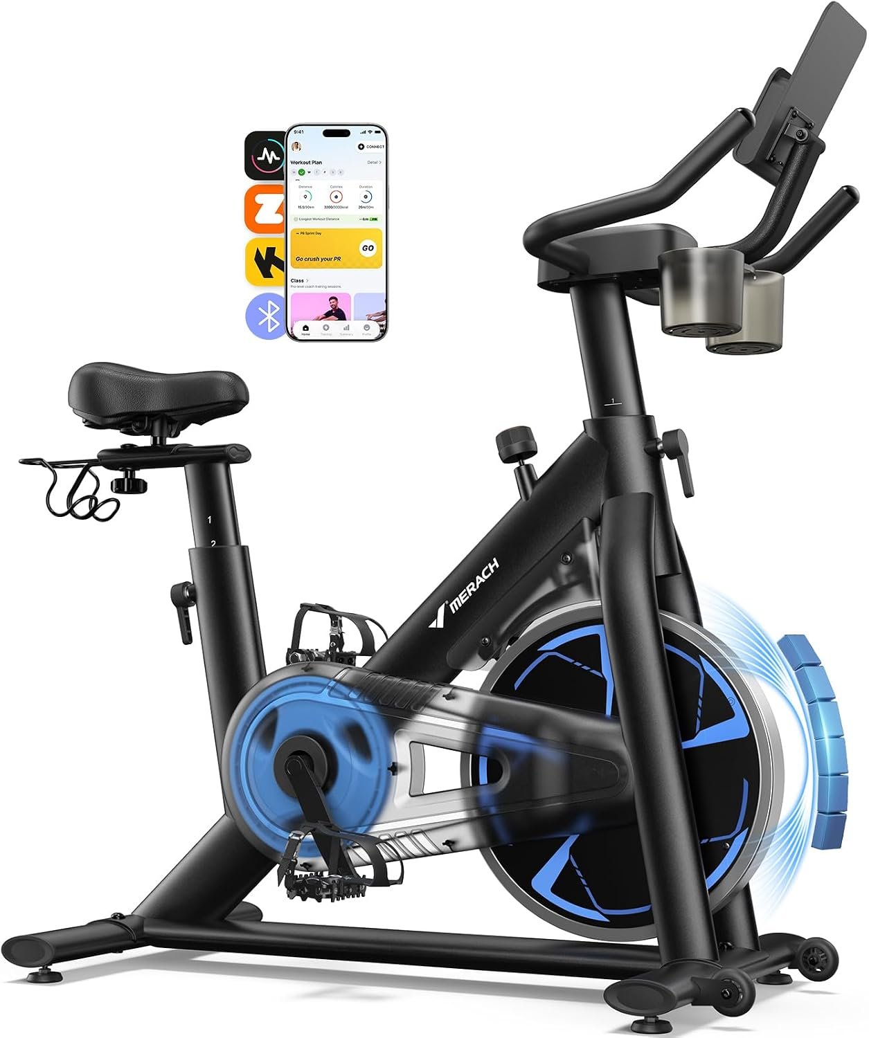 MERACH S36 Exercise Bike, Magnetic Resistance, 330lbs Capacity | Stationary Bike for Home, Quiet Drive, Fitness App with Courses, Adjustable Seat, Indoor Cycling Bike