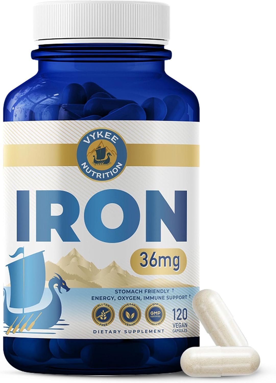 Vykee Nutrition Iron Bisglycinate for Men and Women, 36 mg | Gentle Iron Supplement to Help Maintain Healthy Iron Levels, High Absoprtion, Non-GMO, Gluten-Free – 120 Capsules