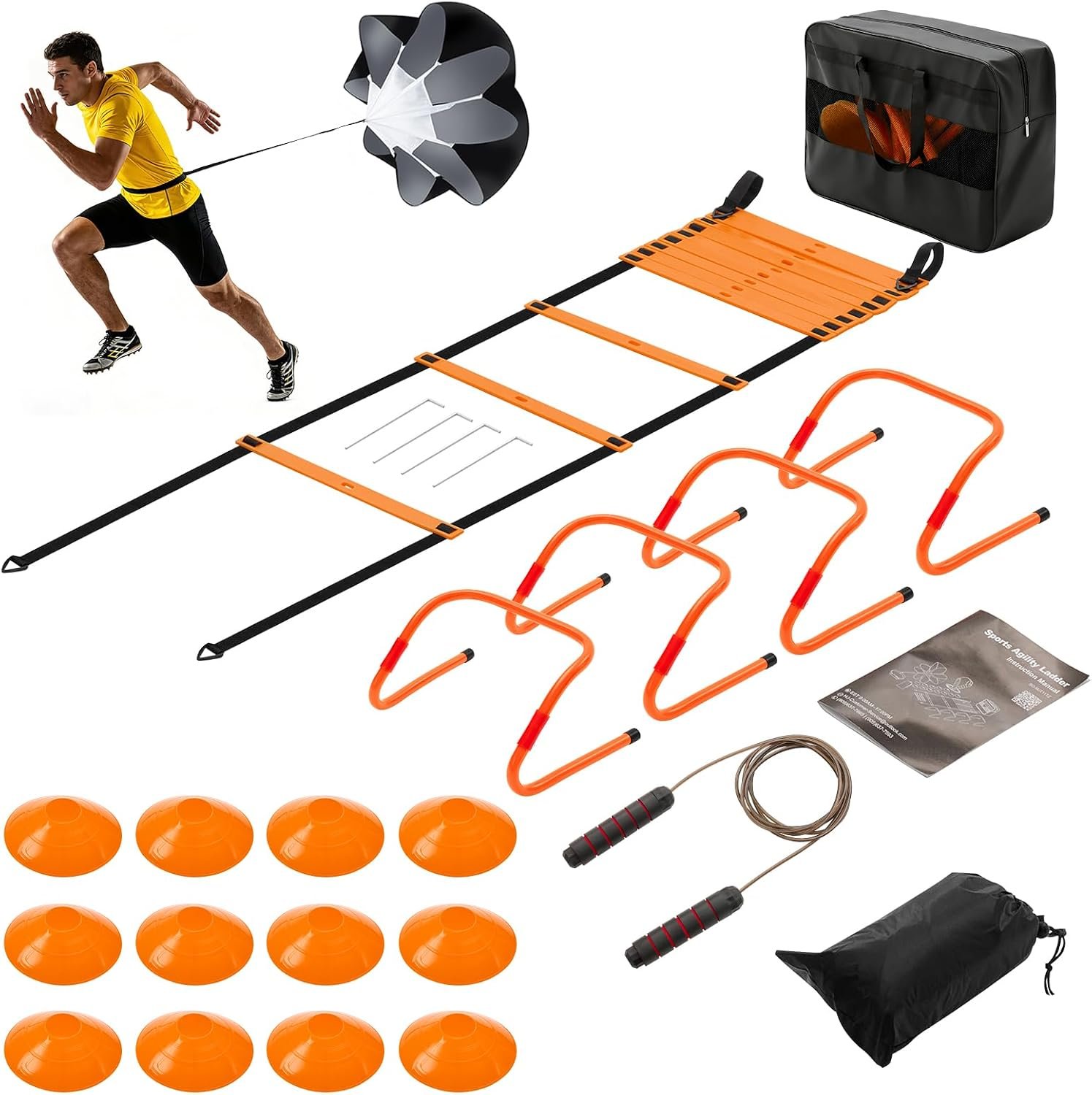 OLIXIS Agility Ladder, Soccer Training Equipment Set, 20 ft Speed Ladder, 12 Soccer Cones, 4 Agility Hurdles, Jump Rope, Resistance Parachute Agility Training Equipment for Kids, Youth, Adults, Orange