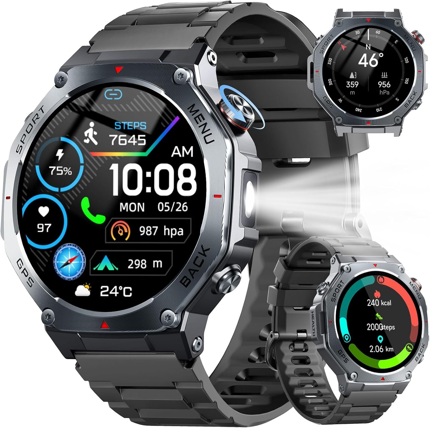 Jugeman Military Smart Watch for Men Built-in GPS with LED Flashlight | 1.43″ AMOLED Display, 5ATM Waterproof, Compass, Fitness Tracker, Heart Rate/Sleep/Blood Oxygen, Watches for Android/iPhone