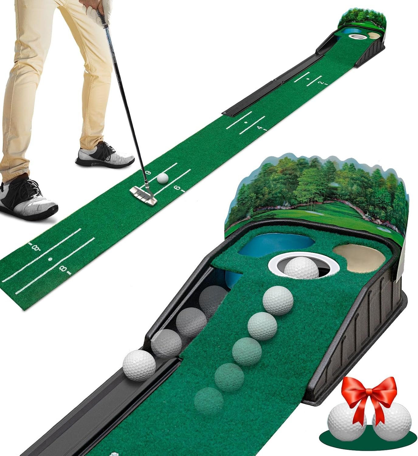 Putting Green Indoor – Golf Putting Mat boasts Genuine Green Speed and a Wrinkle-Free Surface. 8ft Practice Putting Mat with lenticular 3D Backplate, Alignment Guides and Ball Return