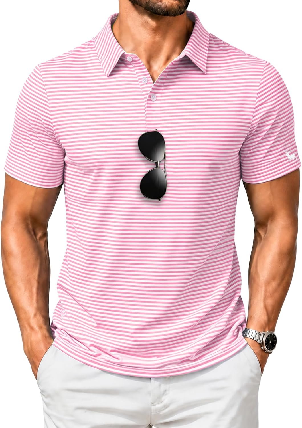 ZITY Men Golf Polo Shirts Short Sleeve Striped UPF 50+ Moisture Wicking Casual Collared Print T-Shirt for Men