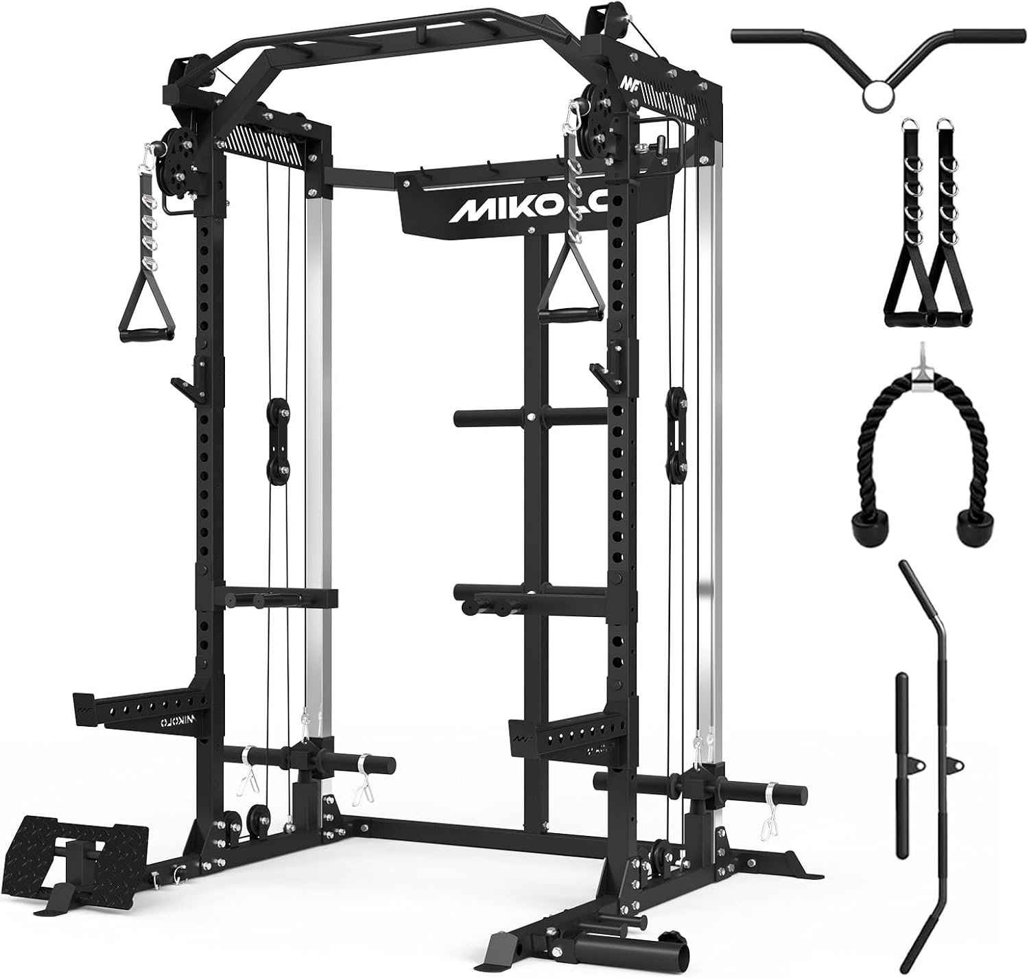Mikolo Power Cage, 2000LB Power Rack with Independent Dual Pulley System, Multi-Function Home Gym Workout Machine for Cable Crossover and Squat