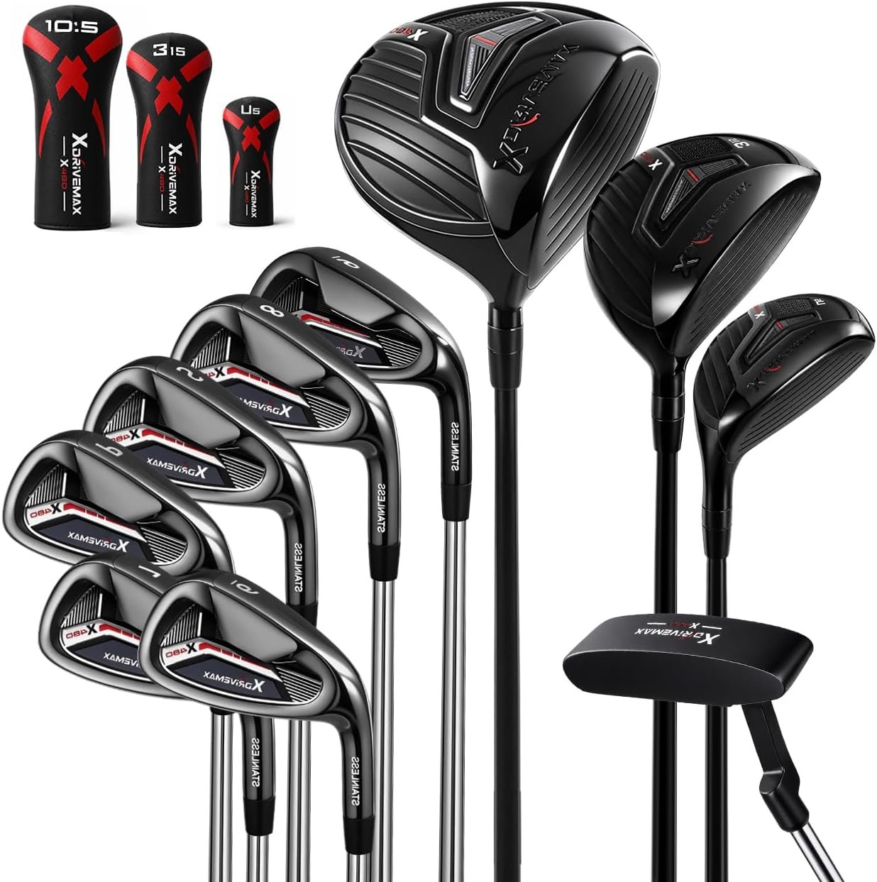 XDriverMax 13-Piece Golf Club Set for Men, 10 Clubs, 3 Headcovers, No Bag | RH/LH, graphite shafts, stainless steel irons, driver, fairway, hybrid, 6-SW irons, putter, premium beginner, practice-ready