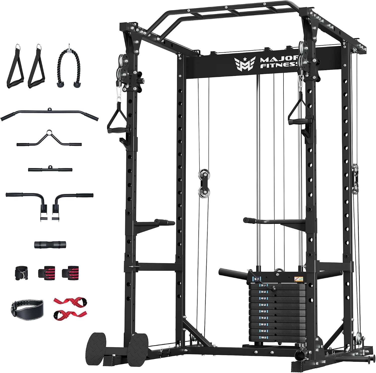 MAJOR FITNESS Power Cage Drone1 Premium- Multi-Function Power Rack for Home Gym, Squat Rack with Pull-up Bar, Cable Crossover System, J-Hooks, for Strength Training, Heavy-Duty Steel Construction