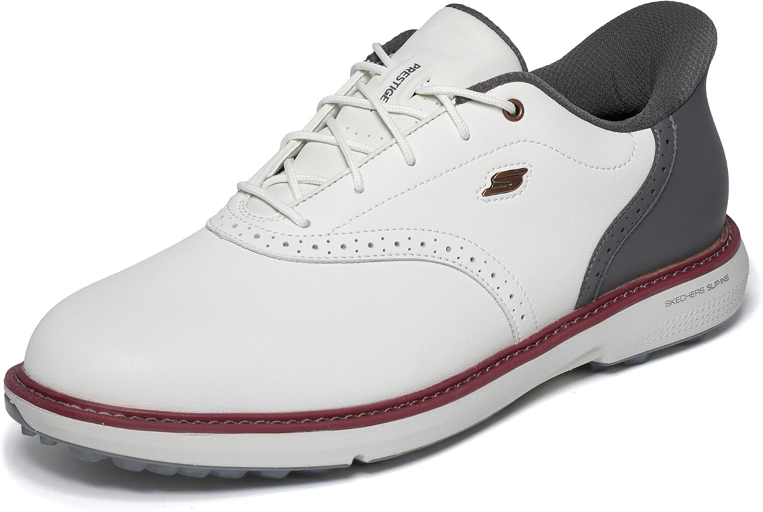 Skechers Go Golf Prestige 214125 WNVR White/Navy/Red Men Golf Shoes | Golf, Waterproof, Slip-ins, Arch Fit, ECO FLIGHT Cushioning, Premium Leather, Lightweight