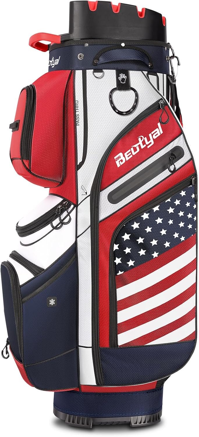 T Lock Golf Cart Bag, 14 Way Full Length Divider Golf Bag for Men | USA Flag Design, 14 Way Full Length Dividers, T Lock Compatible, Cooler Pocket, Rain Cover, Multiple Storage Pockets