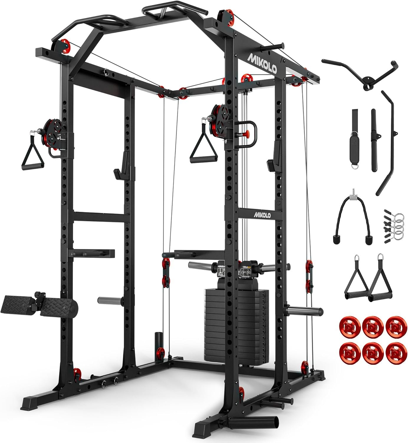 Mikolo K6 2.0 Power Cage, Power Rack with Cable Crossover System, 2000LBS Squat Rack with LAT Pull Down System, Functional Trainer with Aluminum Pulley System for Home Gym