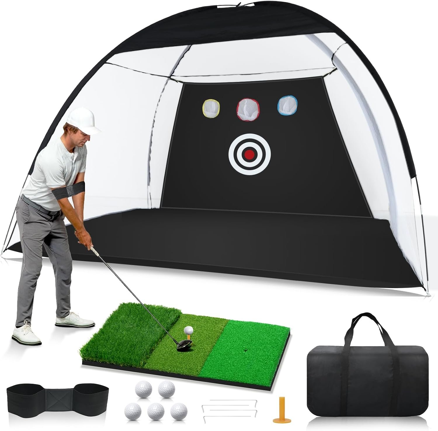 Golf Net: 10 x 7ft Golf Hitting Practice Nets for Backyard Driving, Indoor & Outdoor Chipping Swing Training Net with Mat, Targets & Balls, Ideal for Men Dad Husband Boys Golfers