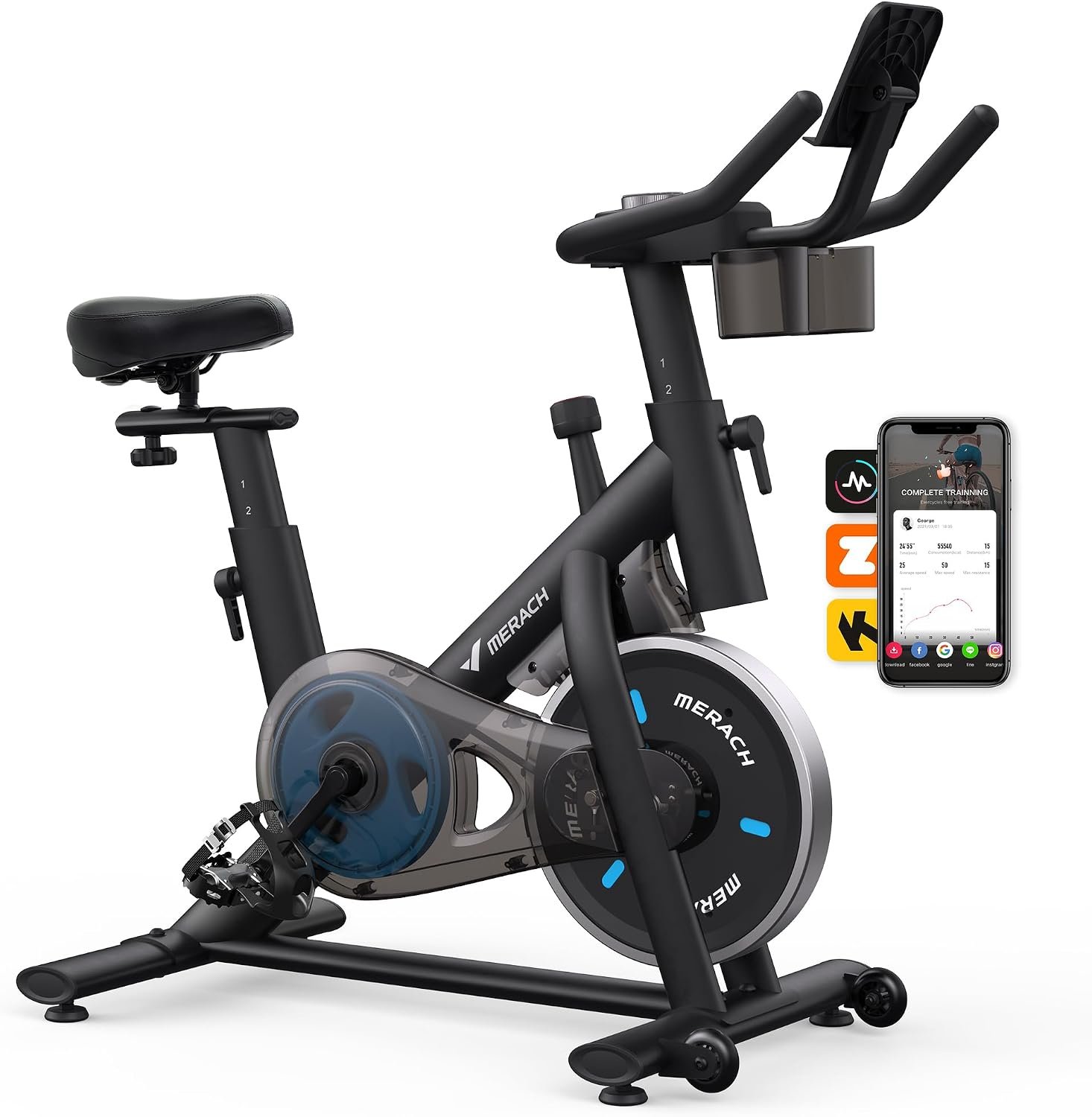 MERACH Exercise Bike, Magnetic Friction Stationary Bike with Brake Pad | Low Noise Indoor Cycling Bike with Exclusive App, 300lbs Weight Capacity, Tablet Mount and Fitness Courses for Weight Loss