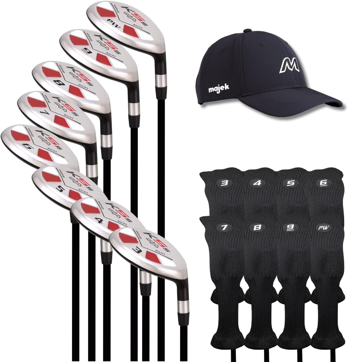 Right Handed Majek K5s Hybrid Set Senior Men’s Standard with Midsize Grips Includes 3-PW Clubs with Black Hybrid Headcovers and Black Majek Golf Hat