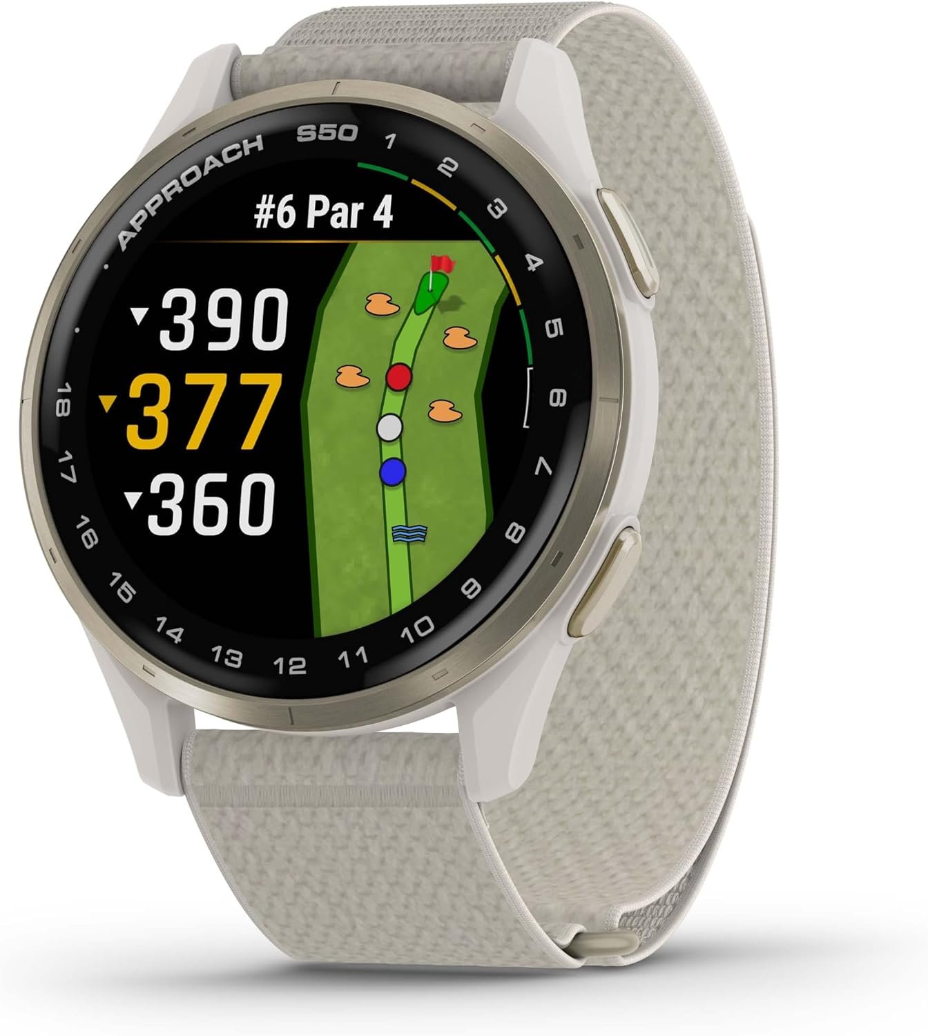 Garmin Approach® S50, Golf GPS Smartwatch, 43mm, Ivory | Health & Wellness Features, Preloaded Activity Profiles, On-Course Features, PlaysLike Distance, Smart Notifications