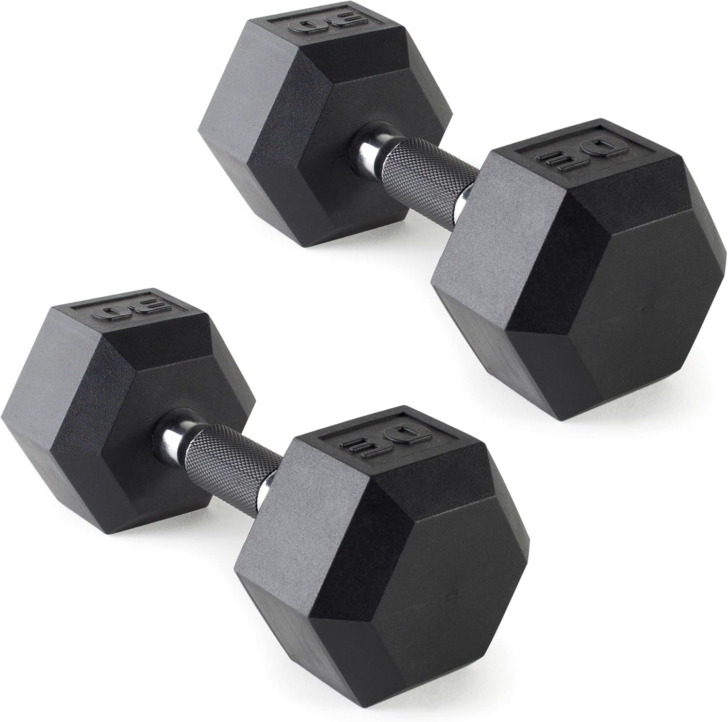 CAP Rubber Coated Dumbbell Weights, Free Weights for Home Gym Strength Training, Anti-Roll Hex Dumbbells with Black, Chrome & Comfort Grip Handles, Pairs & Sets
