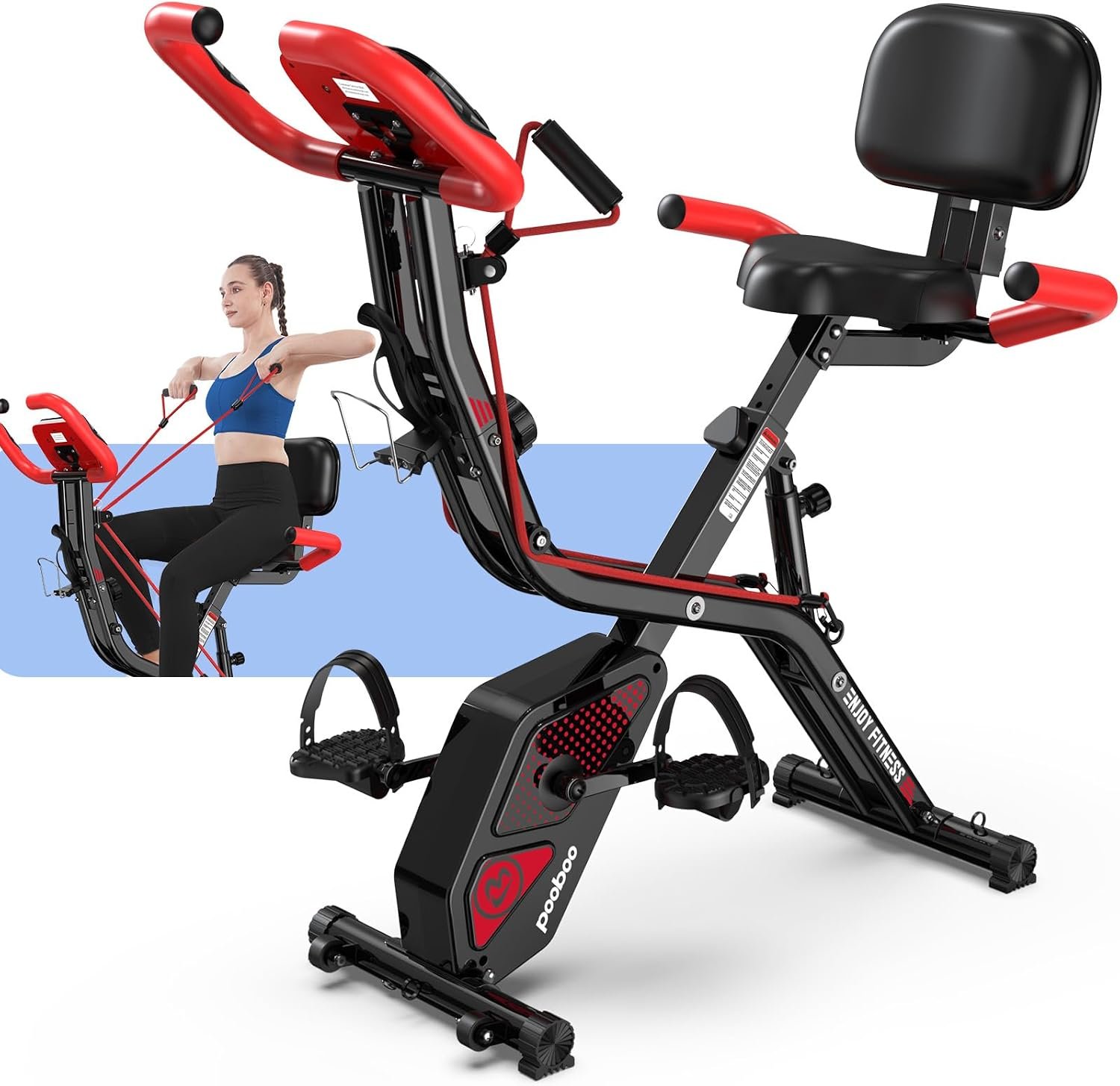 pooboo Folding Exercise Bike, Foldable Upright Stationary Bike, Indoor Cycling Magnetic X-Bike with 8-Level Adjustable Resistance, 6.6 LBS Flywheel, 300LB Capacity, Back Support Cushion for Home Gym