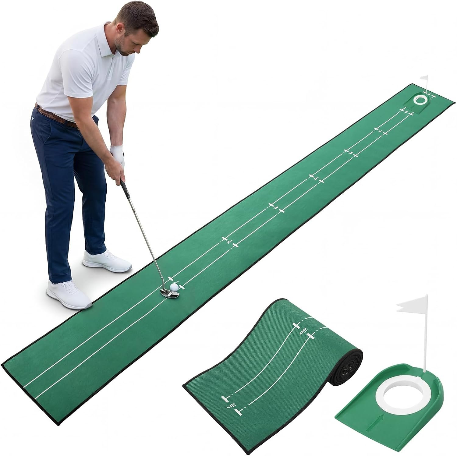 Foilswirl 11 x 111.8 Inch Golf Putting Mat for Indoors Crystal Velvet Surface Practice Putting Green Mat with Golf Training Aid and Flag for Home Indoor Outdoor Office